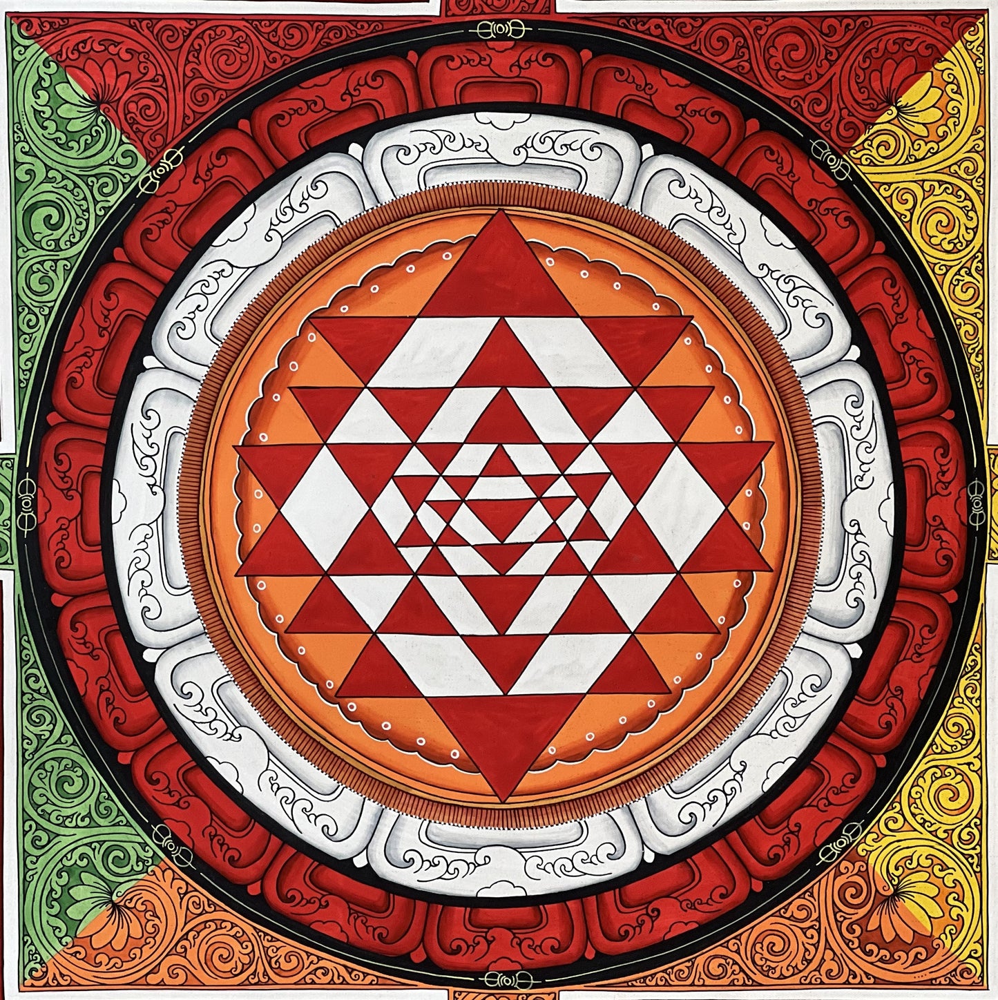 Hand-Painted Sri Yantra Thangka Painting, Newari Paubha Art