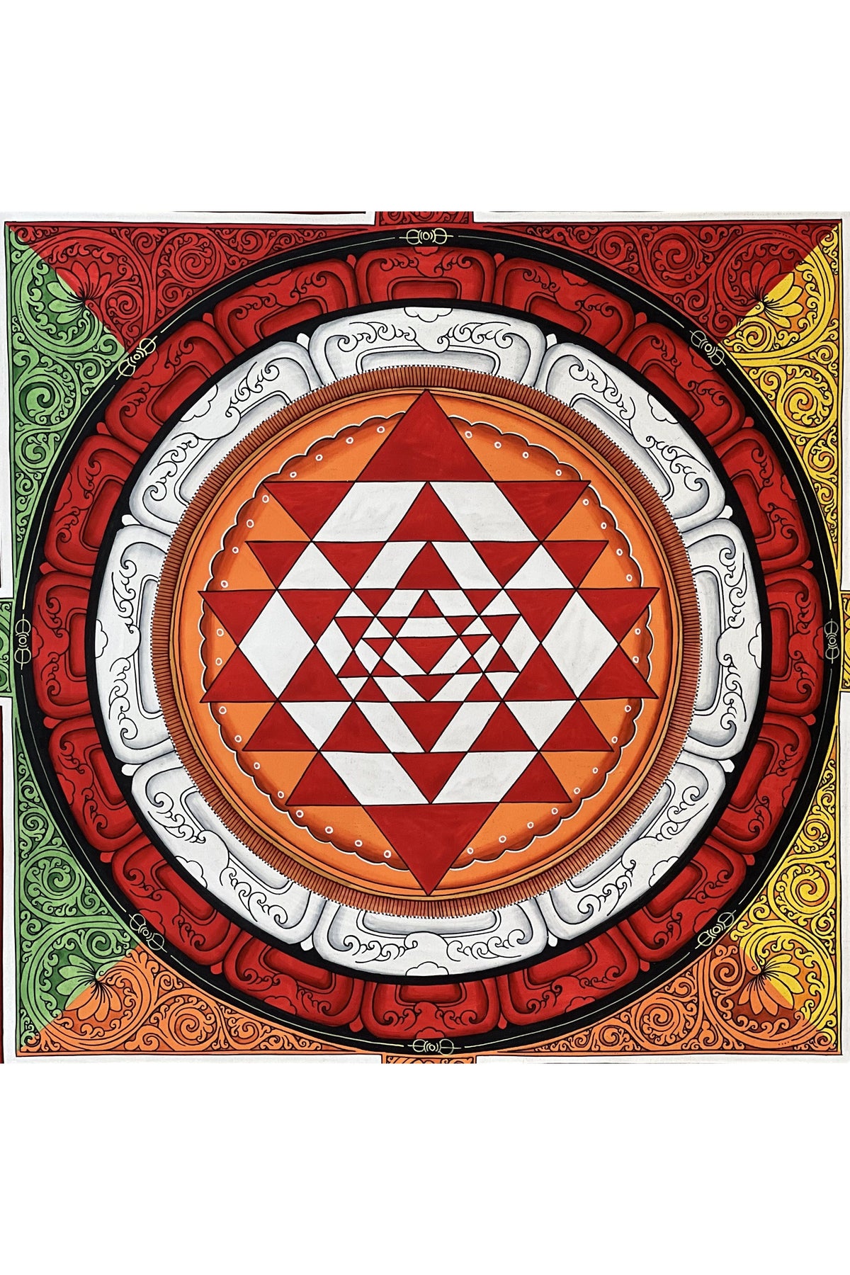 Hand-Painted Sri Yantra Thangka Painting, Newari Paubha Art