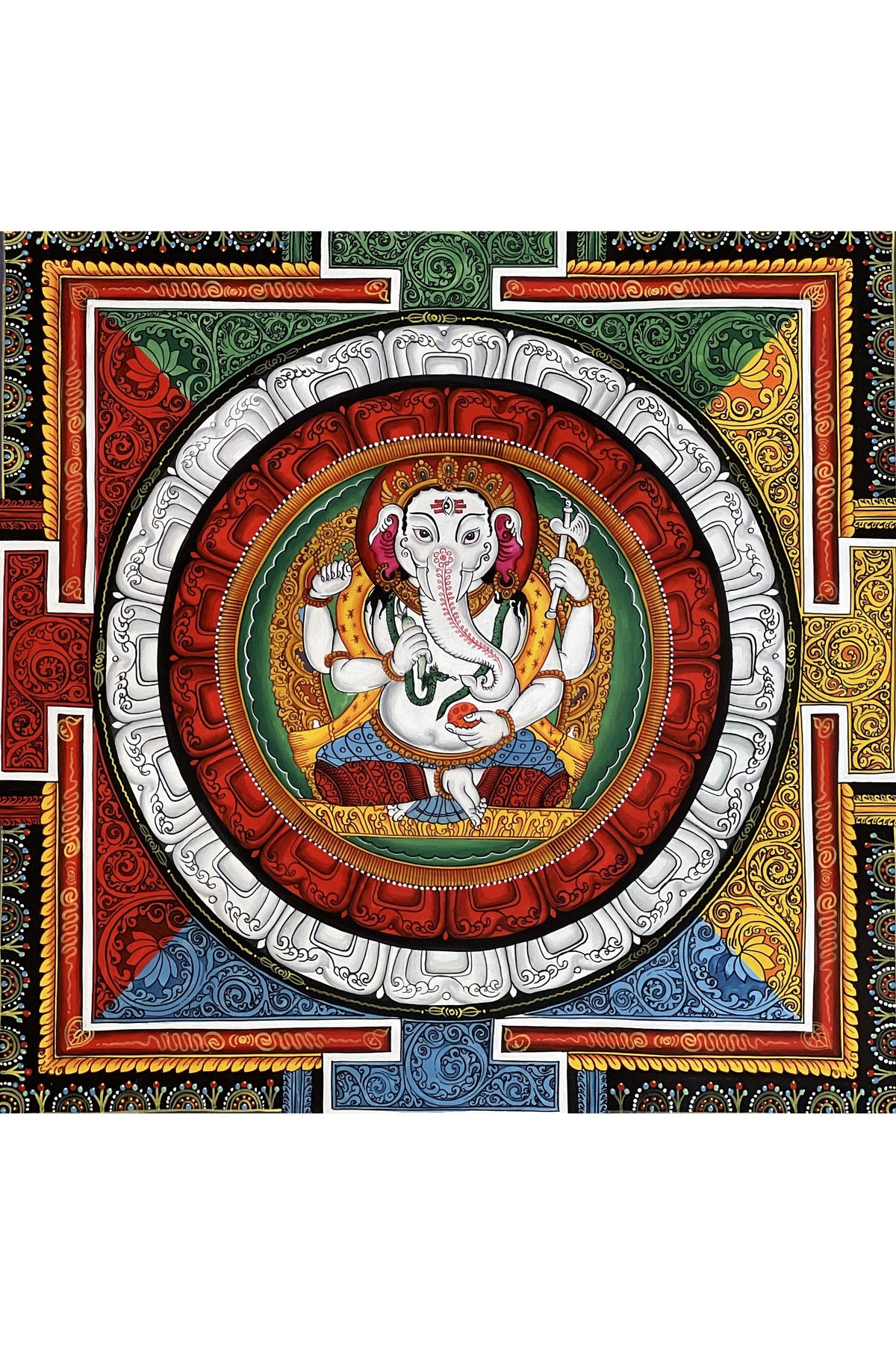 Hand-Painted Ganesha Thangka Painting, Sriyantra Art for Wealth