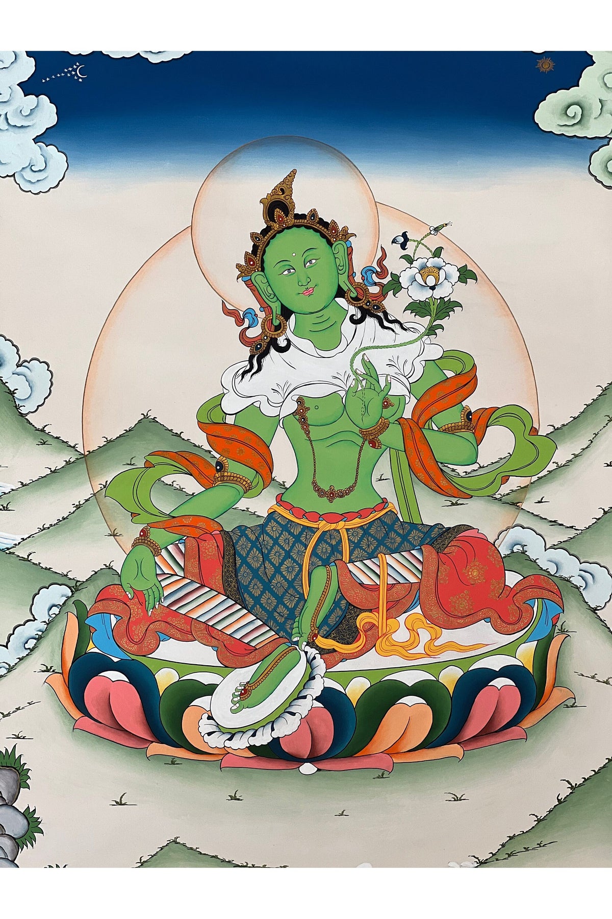 24k Gold Green Tara Tibetan Thangka Painting, Compassion Art