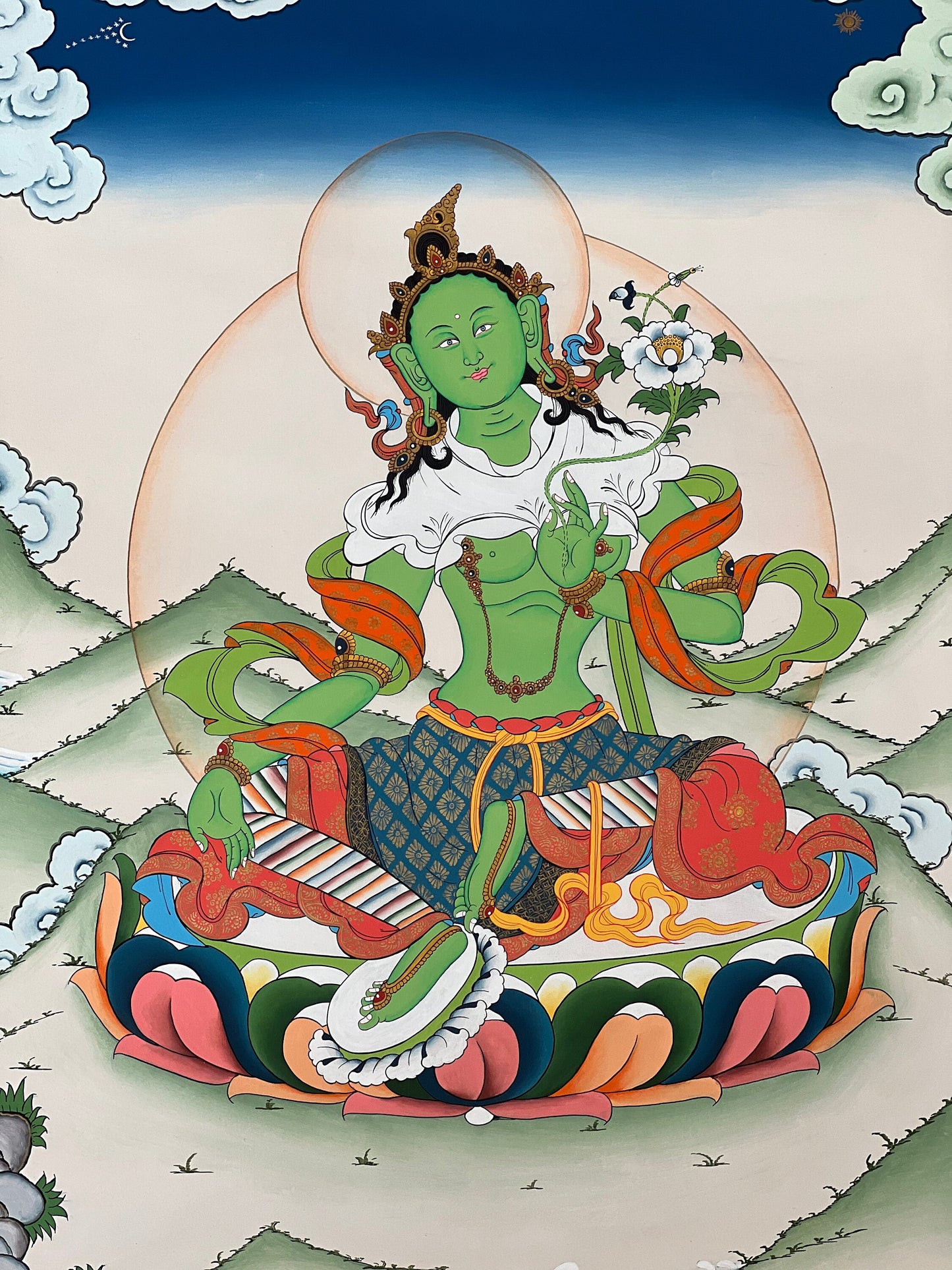 24k Gold Green Tara Tibetan Thangka Painting, Compassion Art