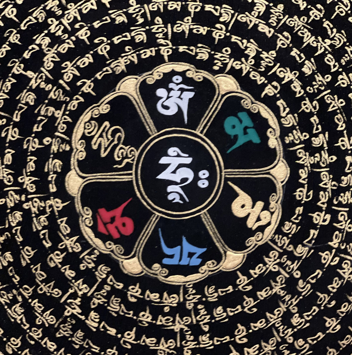 Hand-Painted Om Mani Padme Hum Mandala Thangka, Black & Gold