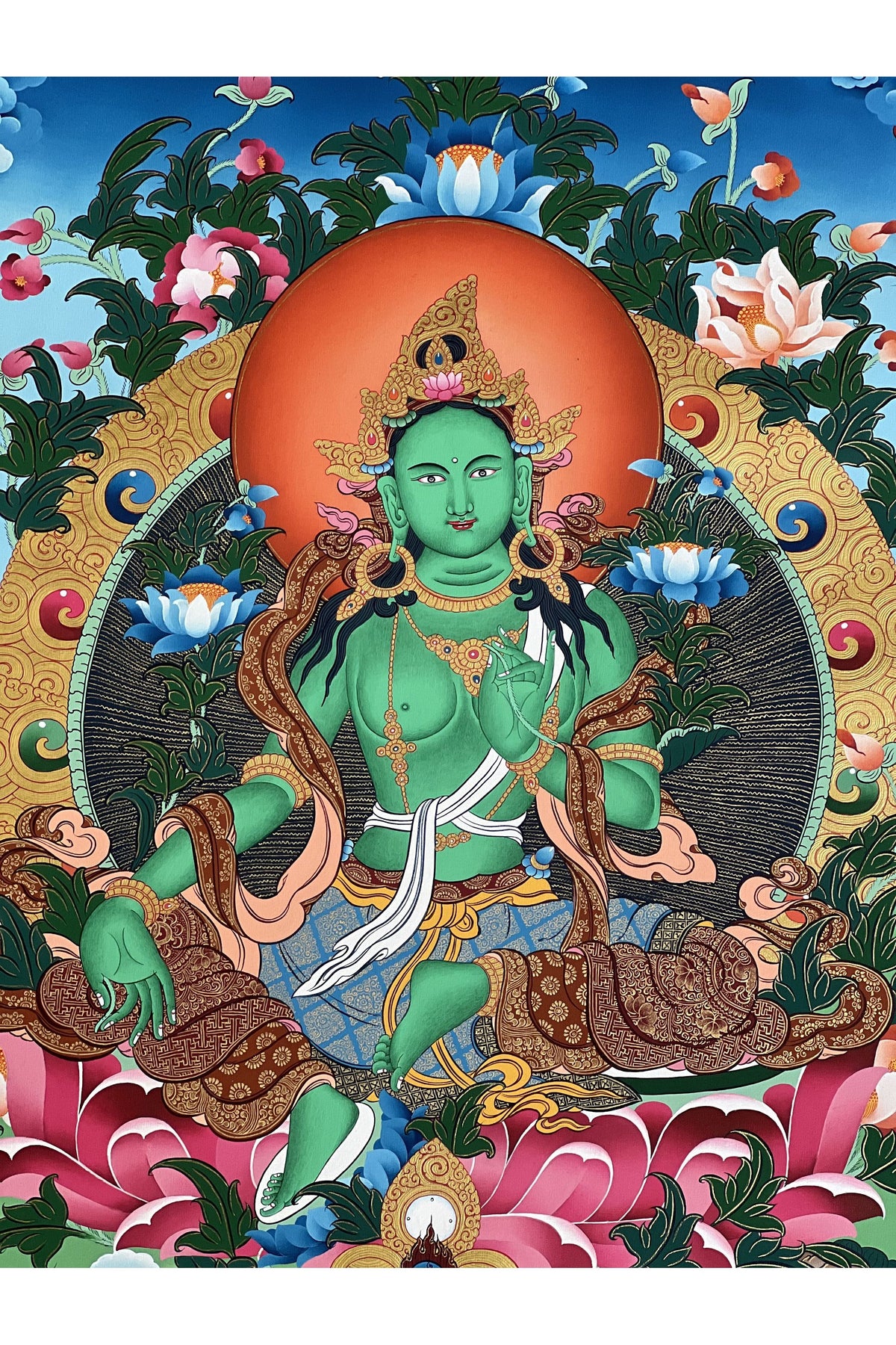 Green Tara Tibetan Thangka Painting: 24k Gold Buddhist Art