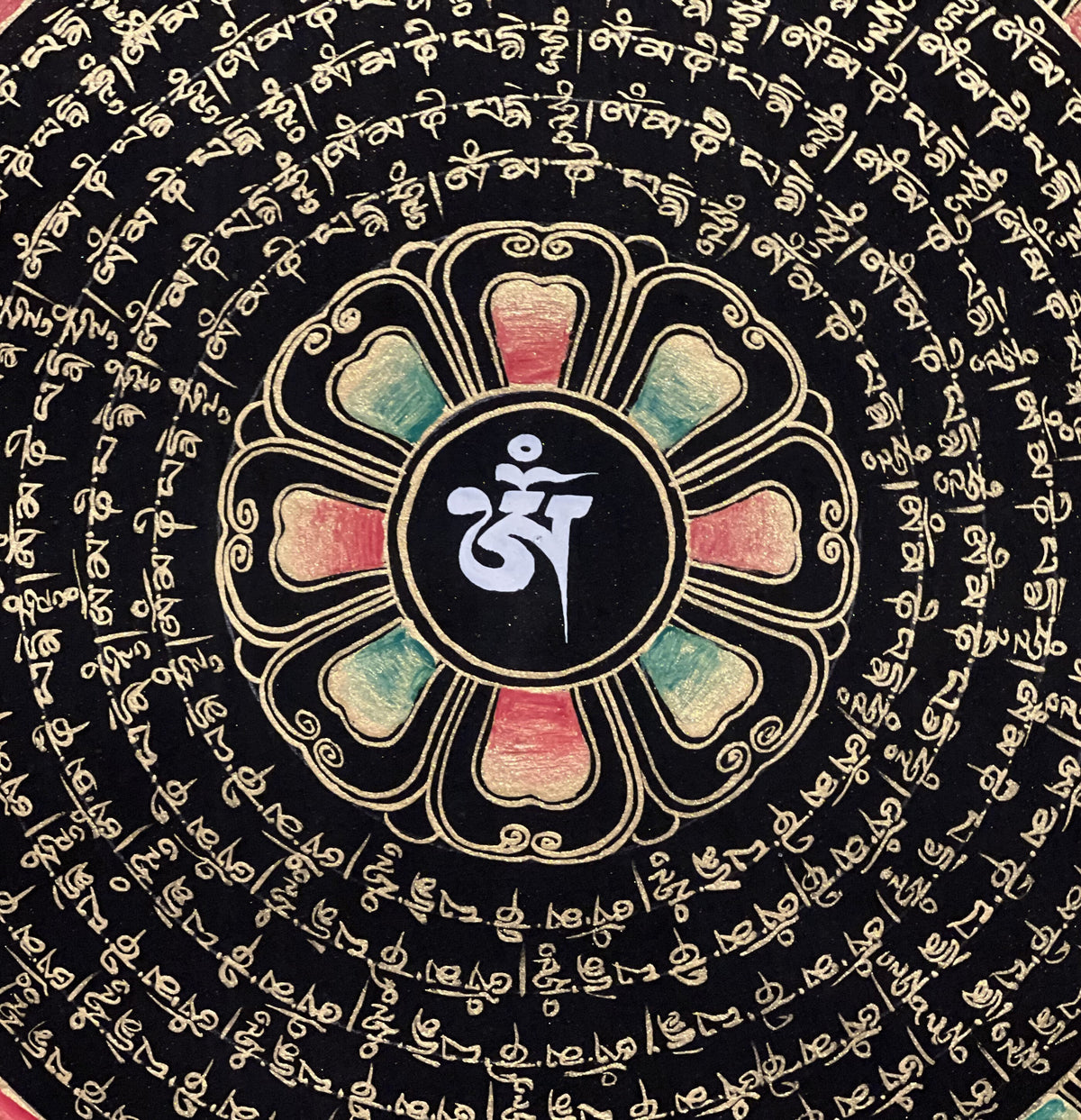 Om Mantra Mandala Thangka Painting, Black and Gold Buddhist Art