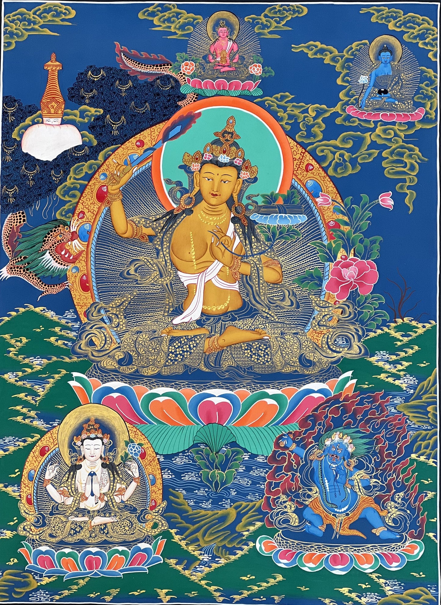 Hand-Painted Manjushri Thangka | Bodhisattva of Wisdom | Masterpiece Tibetan Art
