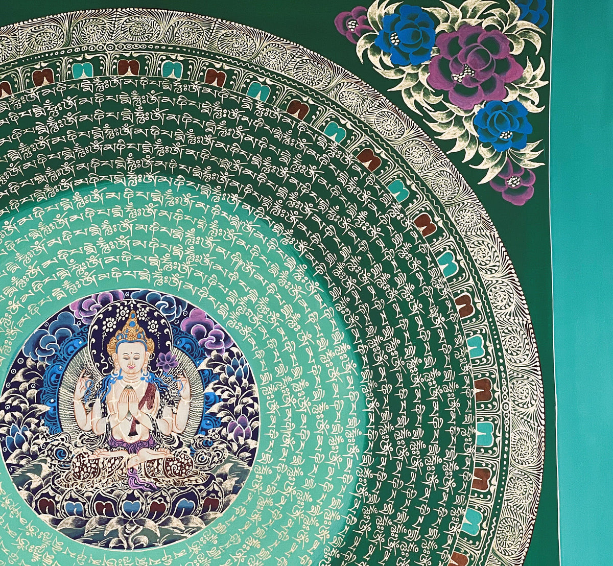 Chenrezig Mandala Thangka Painting, Om Mani Padme Hum Art