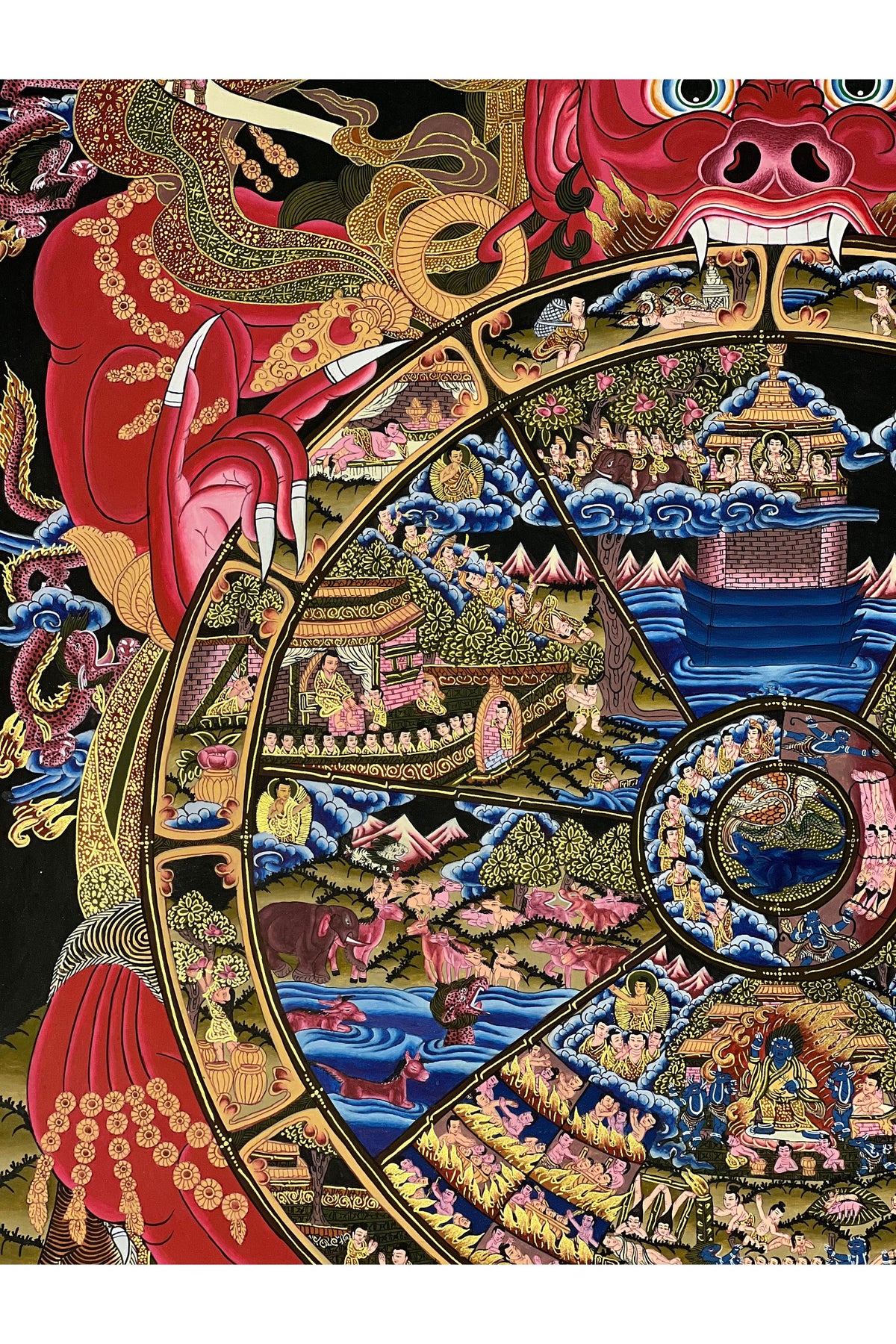 Large Bhavachakra Wheel of Life Thangka | Hand-Painted Tibetan Samsara Mandala Art
