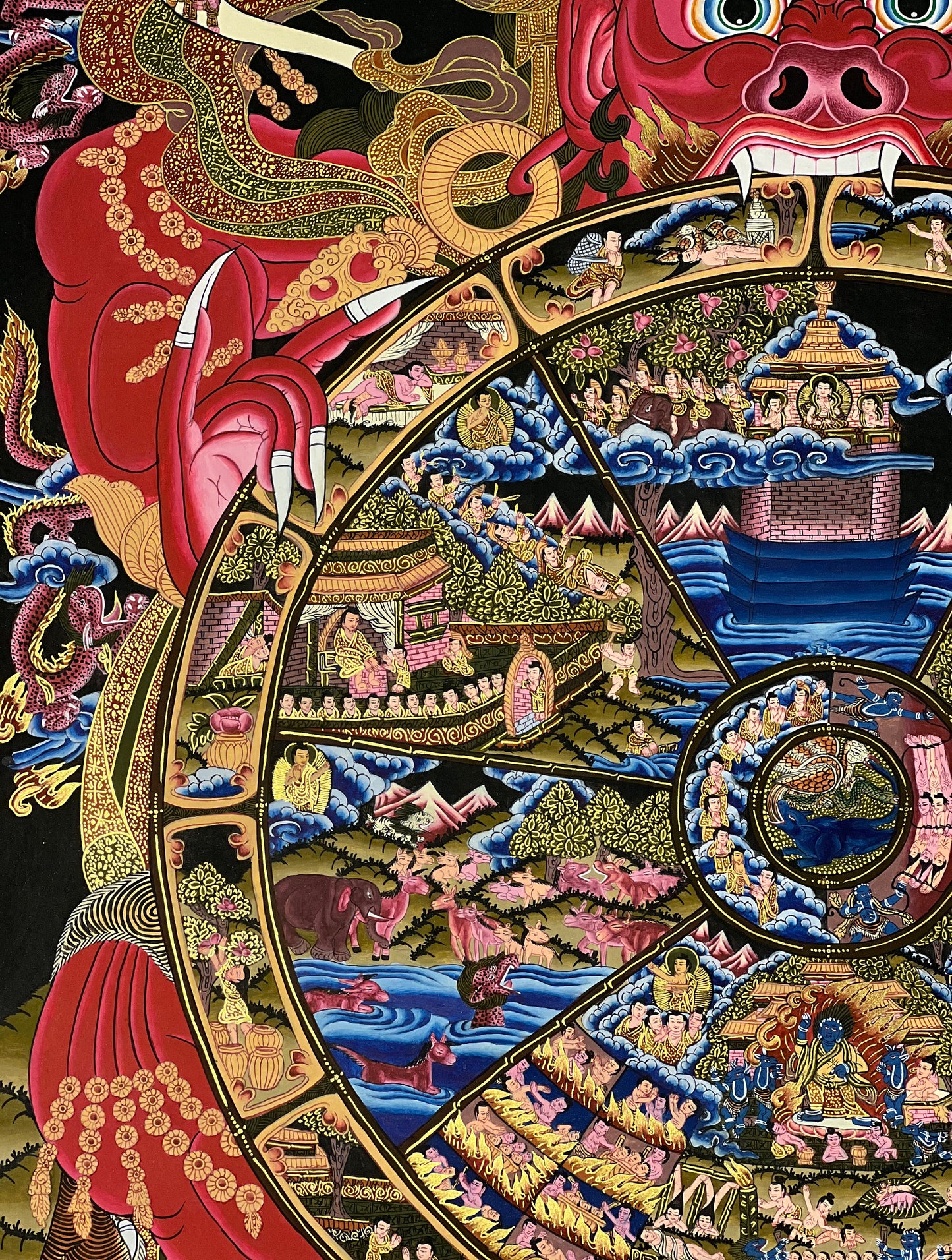 Large Bhavachakra Wheel of Life Thangka | Hand-Painted Tibetan Samsara Mandala Art