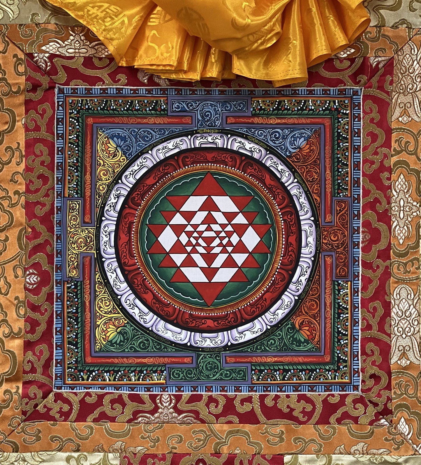 Hand-painted Sri Yantra Thangka Painting with Silk Brocade