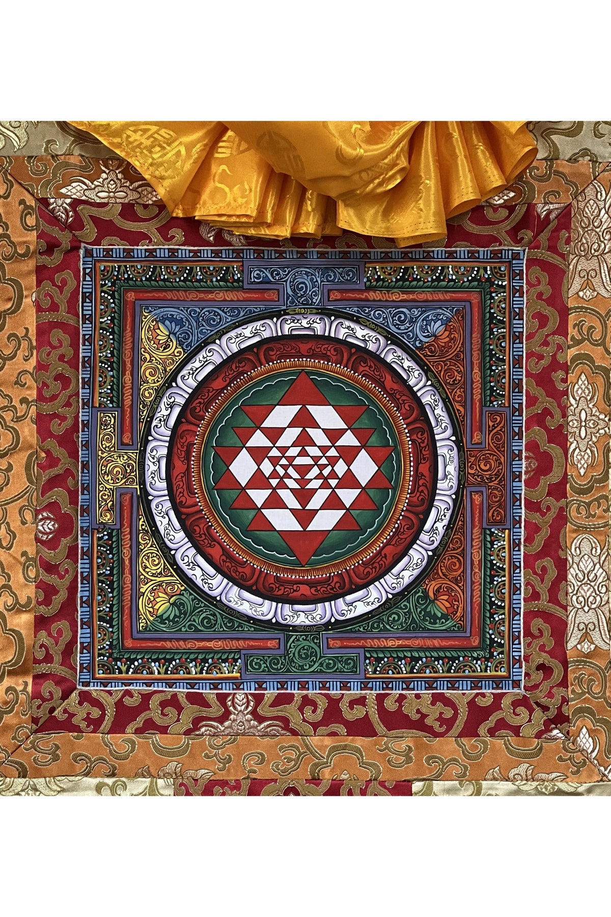 Hand-painted Sri Yantra Thangka Painting with Silk Brocade