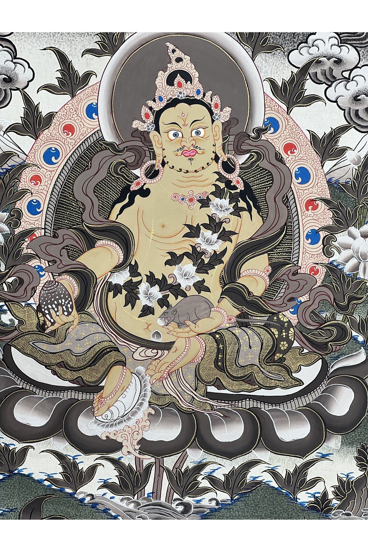 Hand-Painted Yellow Dzambhala Thangka: Tibetan God of Wealth, 18x22 Inches