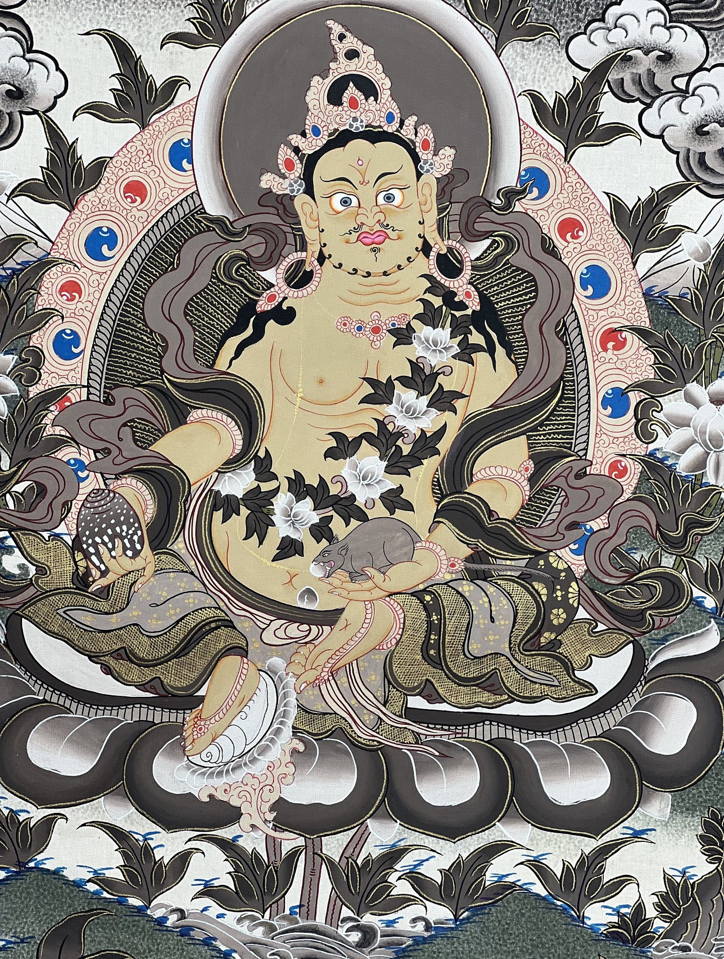 Hand-Painted Yellow Dzambhala Thangka: Tibetan God of Wealth, 18x22 Inches