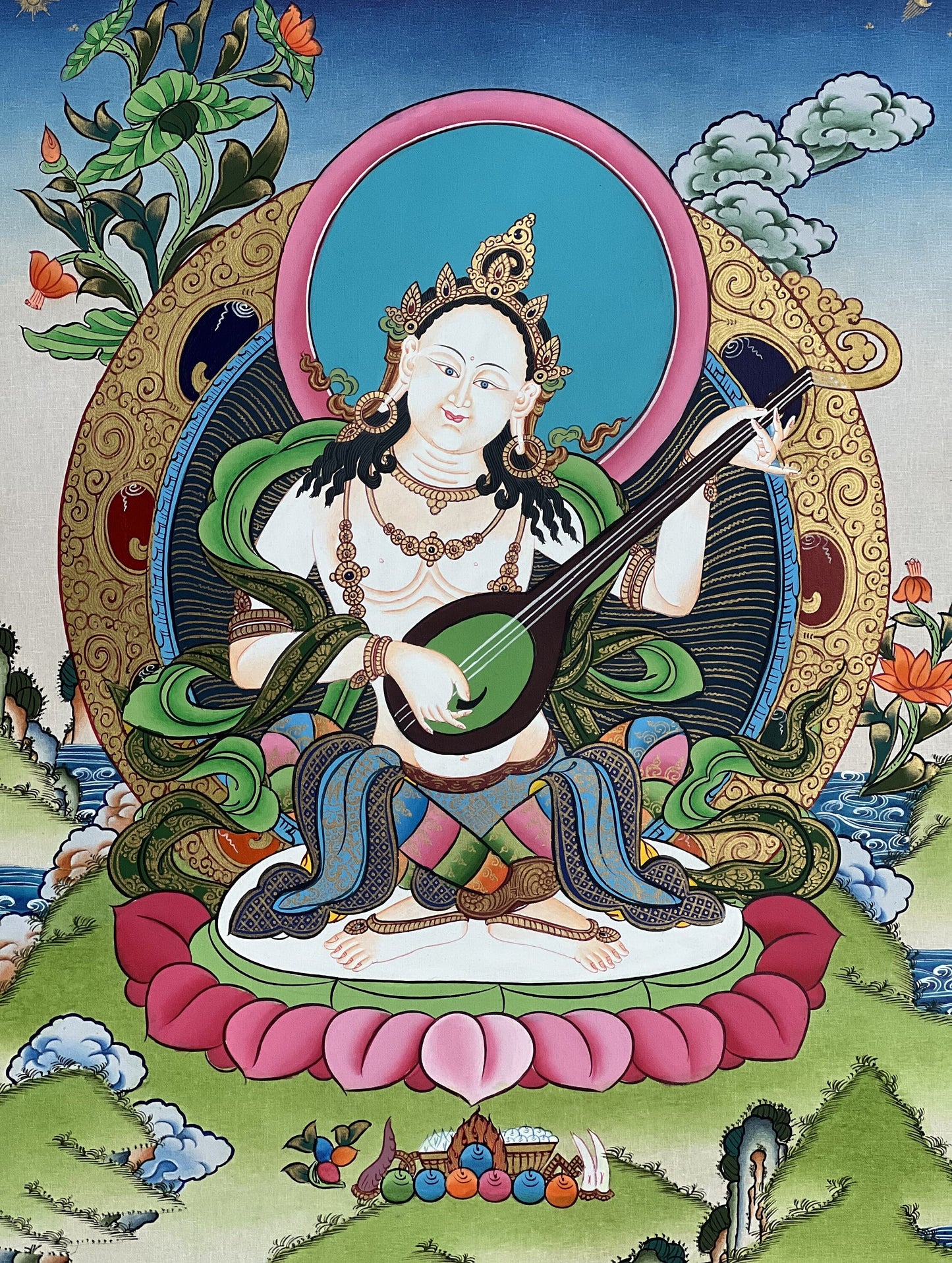Original hand-painted masterpiece Goddess Saraswati/Sarasvati Yangchenma Tibetan Thangka painting