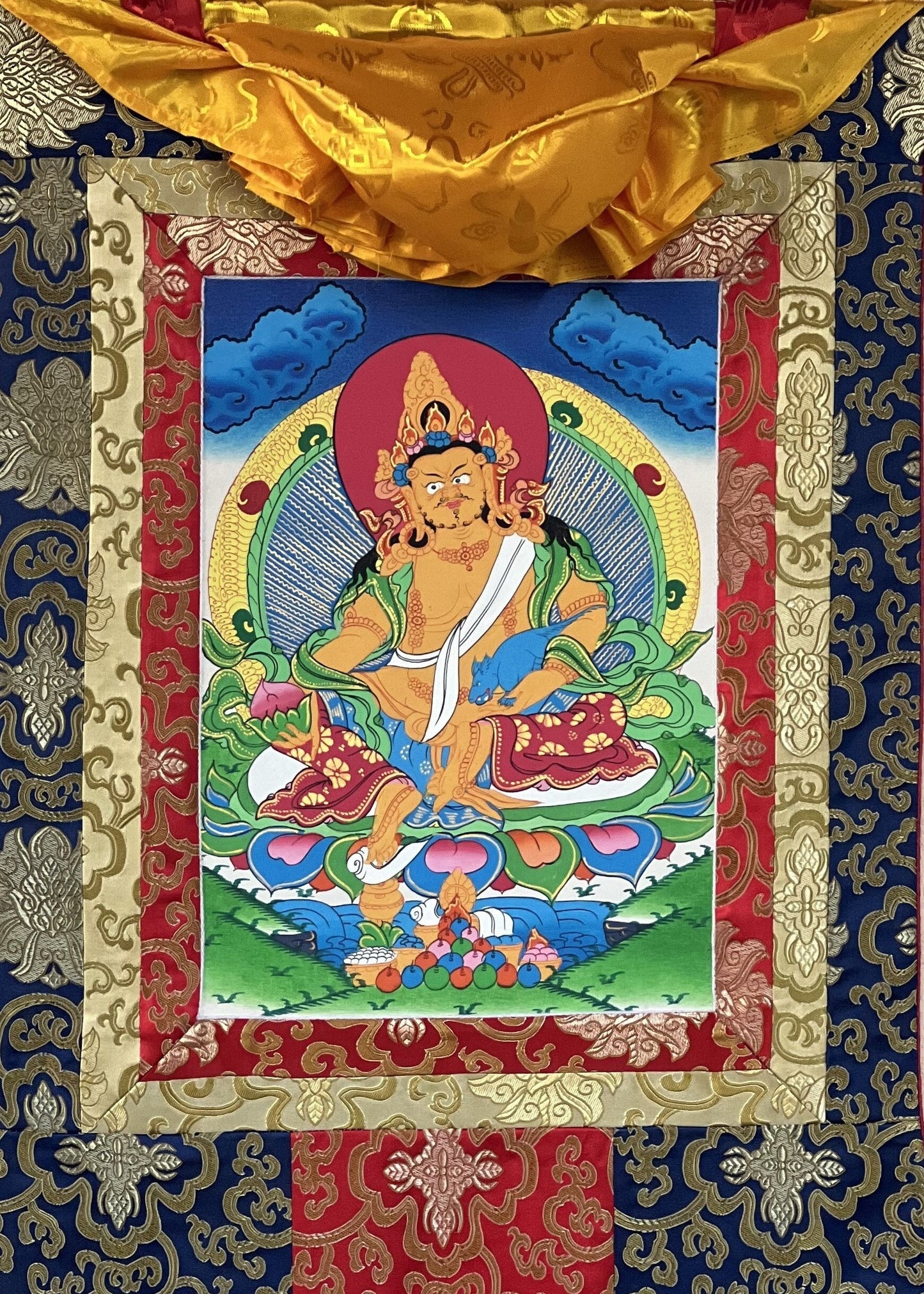 Hand Painted Jambhala Thangka Painting with Silk Brocade