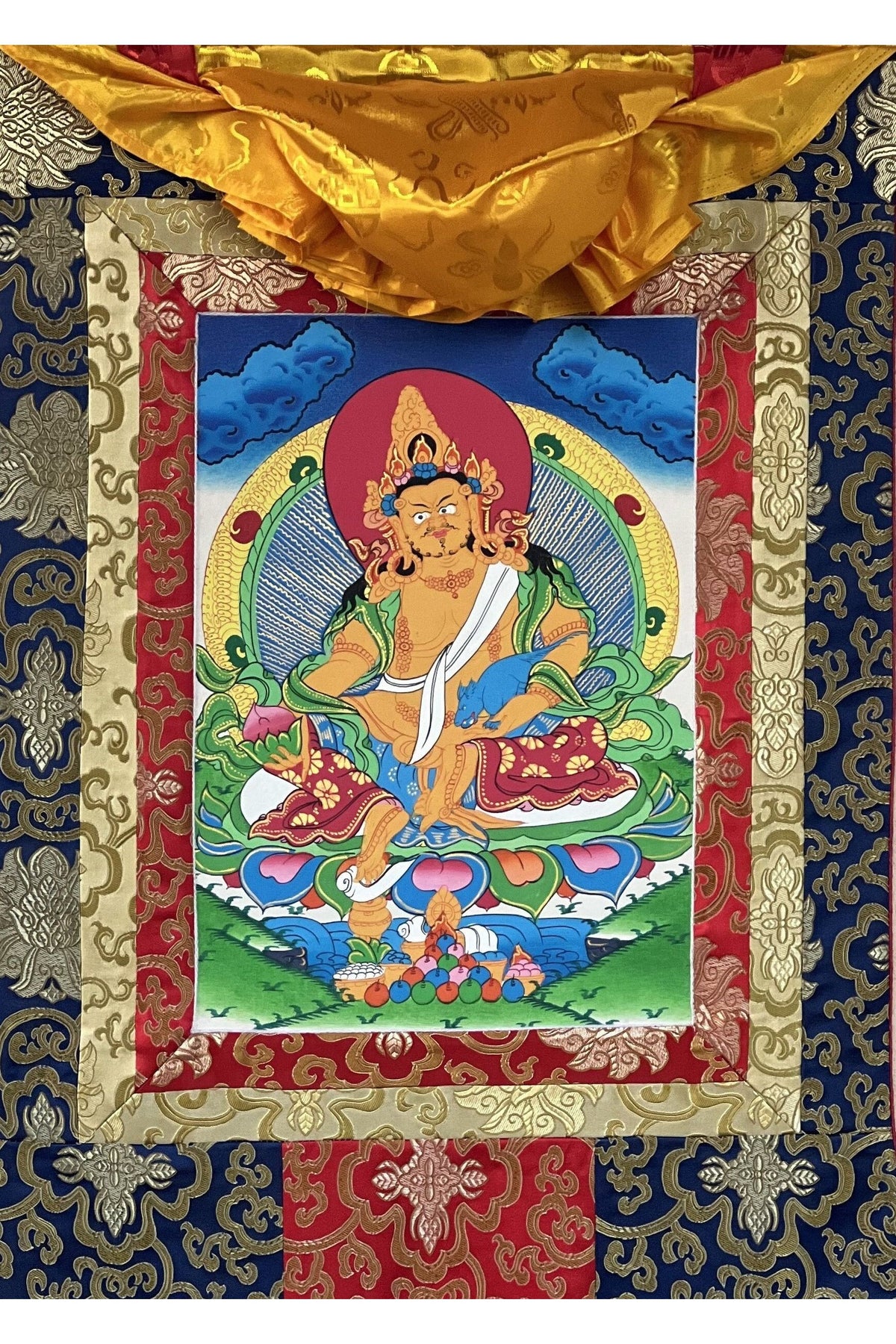 Hand Painted Jambhala Thangka Painting with Silk Brocade