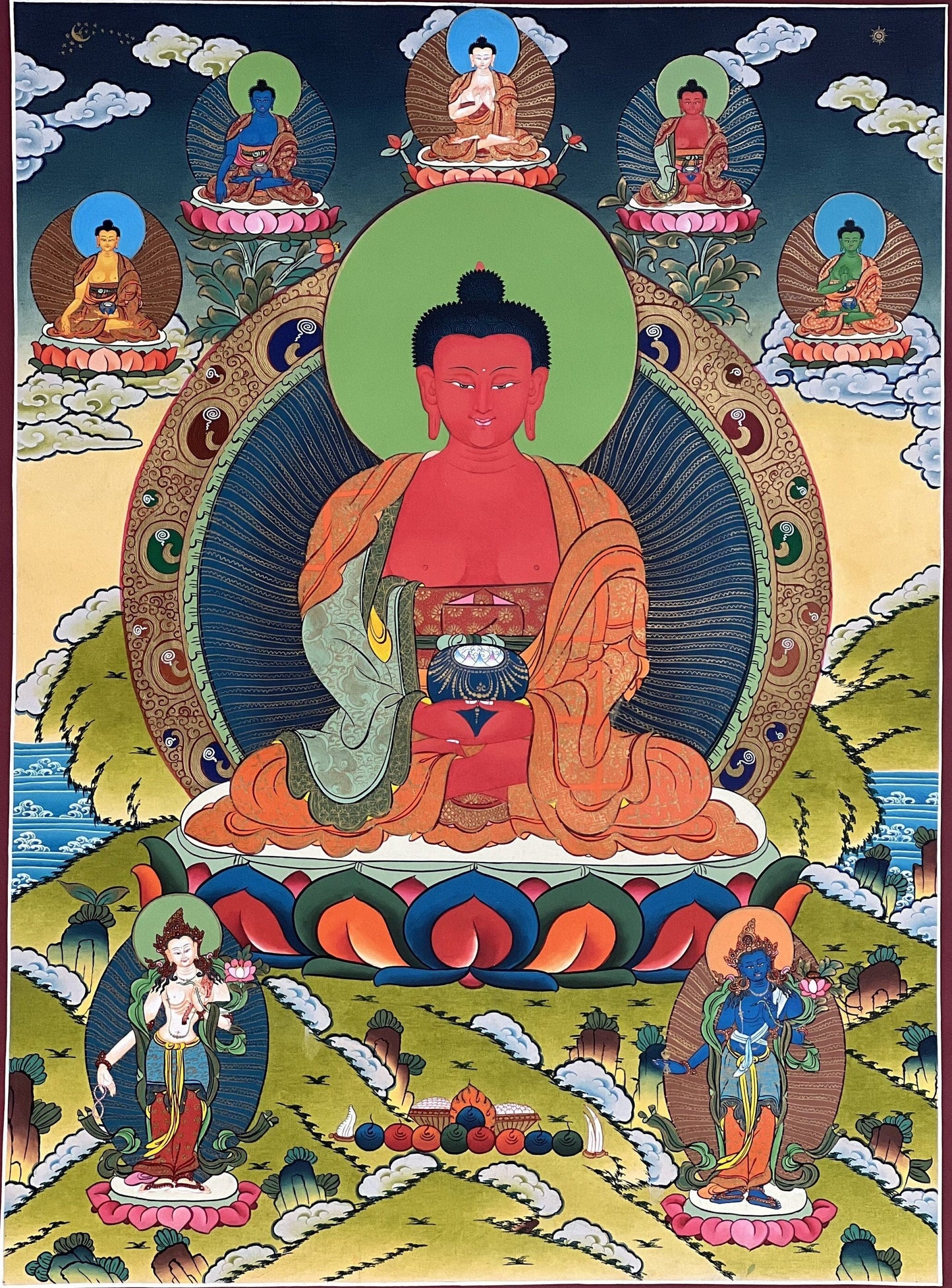 24K Gold Amitabha Buddha Thangka Painting: Five Wisdom Buddhas