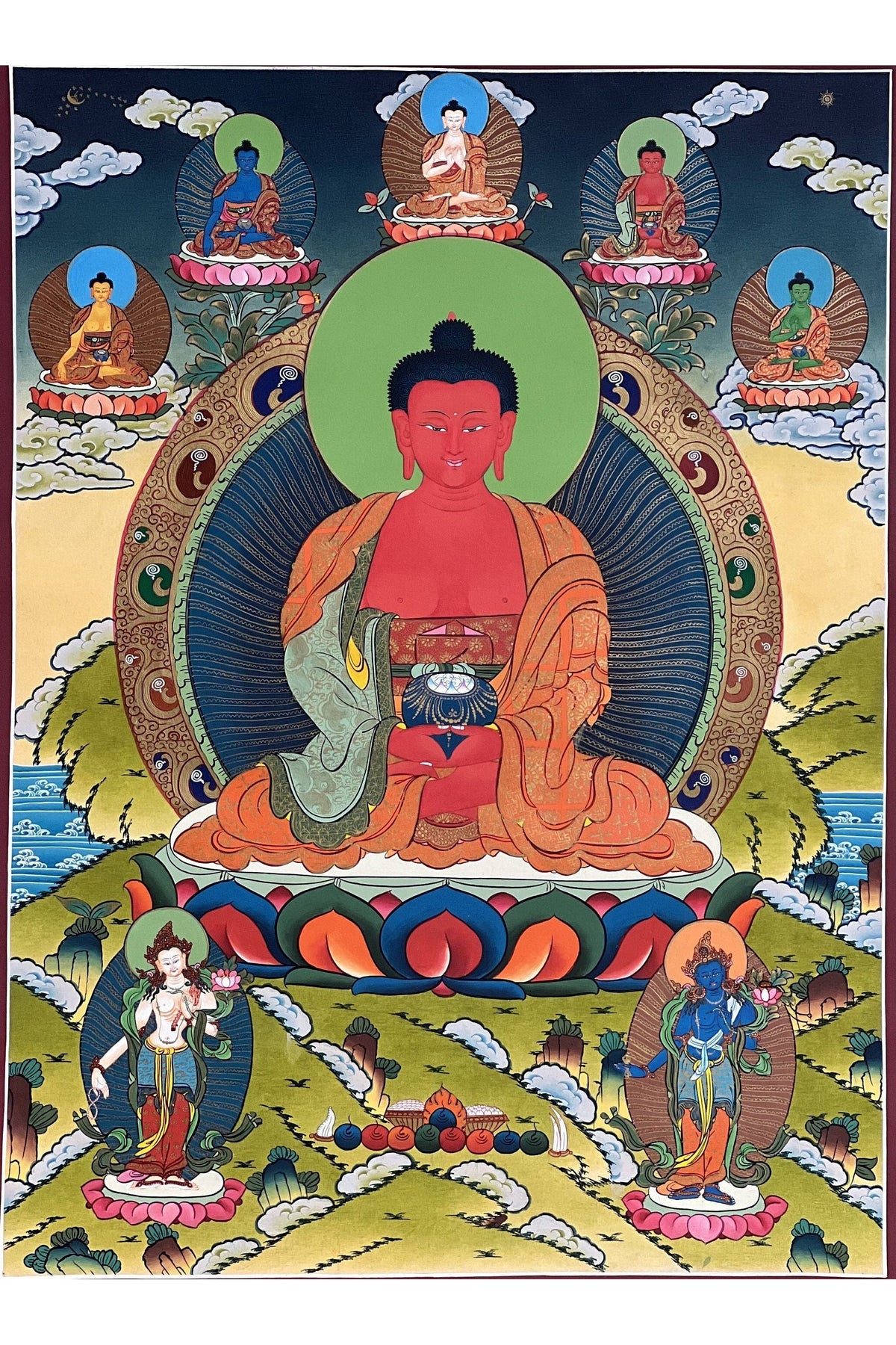 24K Gold Amitabha Buddha Thangka Painting: Five Wisdom Buddhas