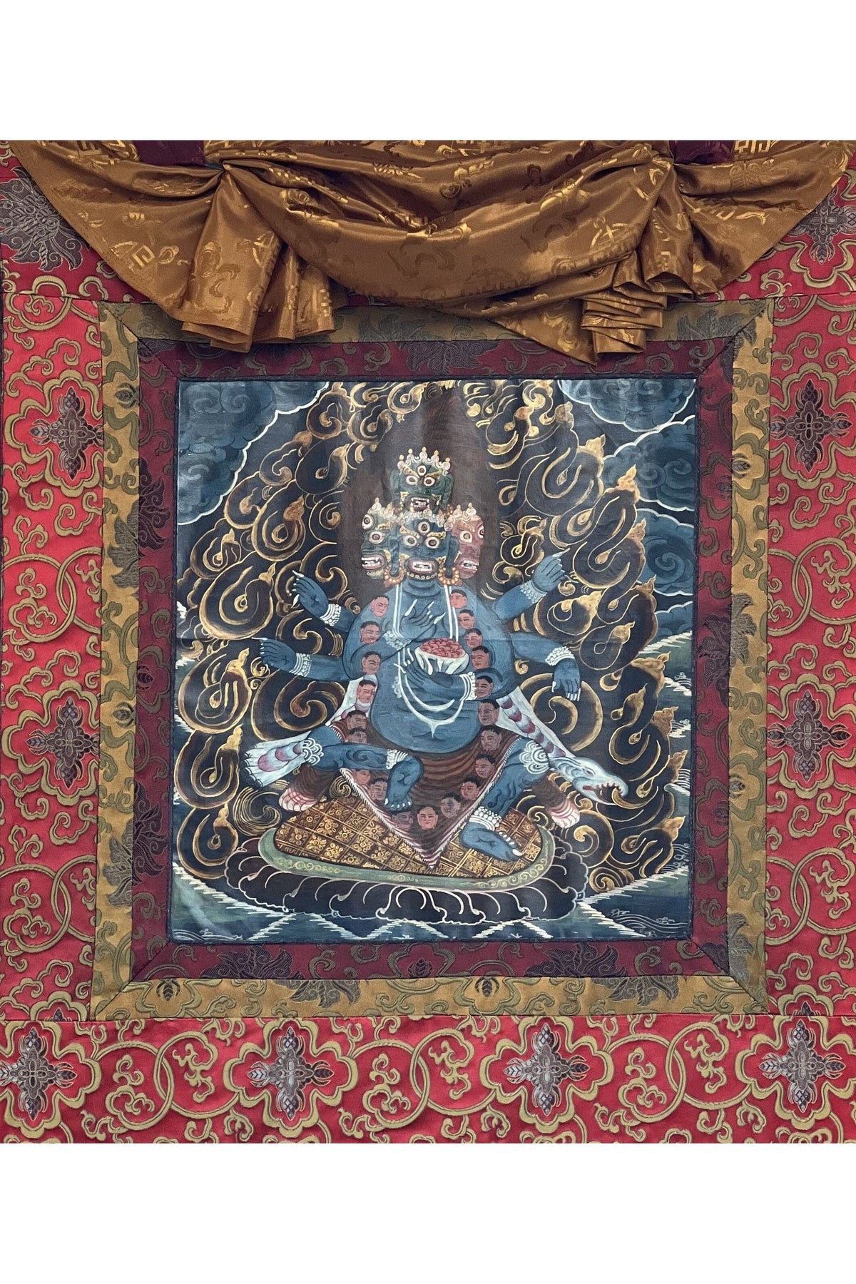 Hand-Painted Bhairava Thanka Painting, Newari Art with Silk Brocade