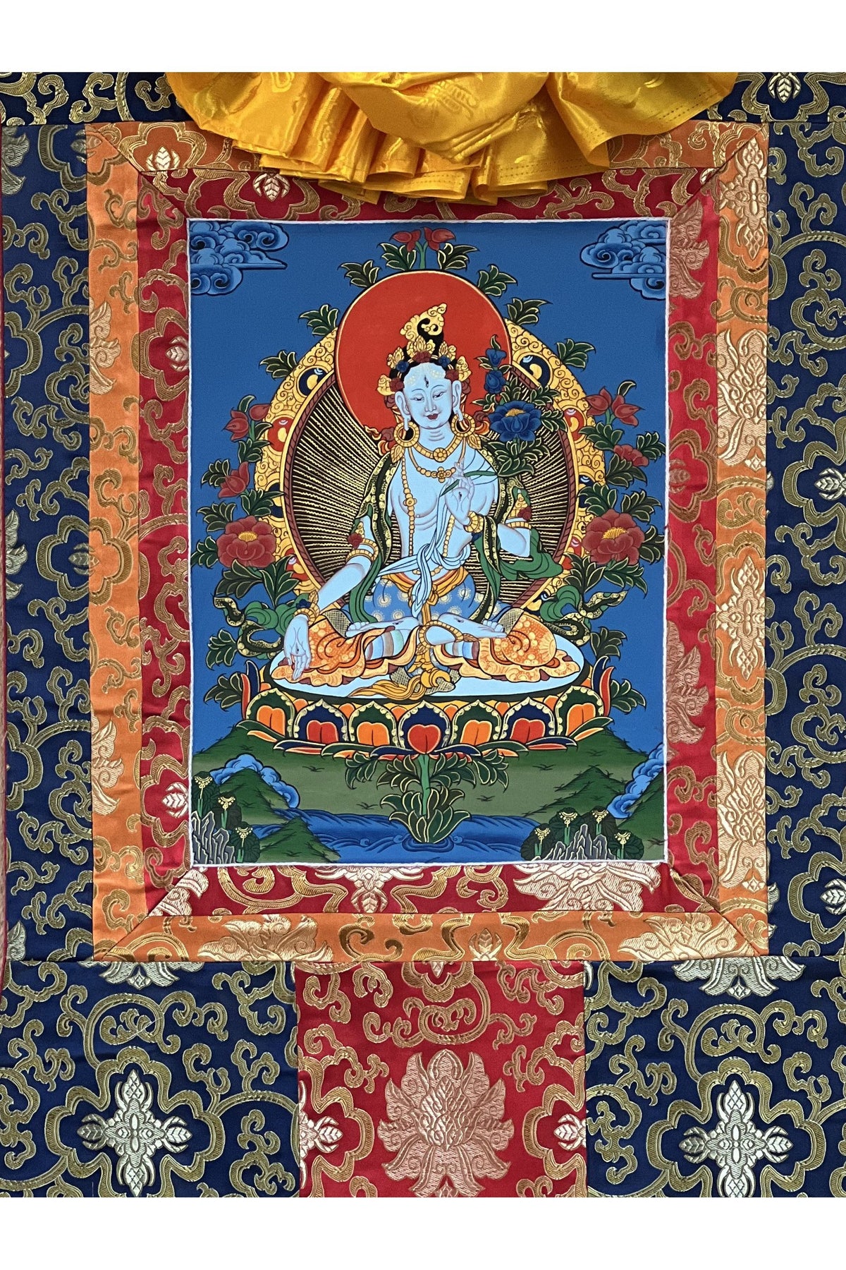 Hand-Painted White Tara Thangka Painting with Silk Brocade