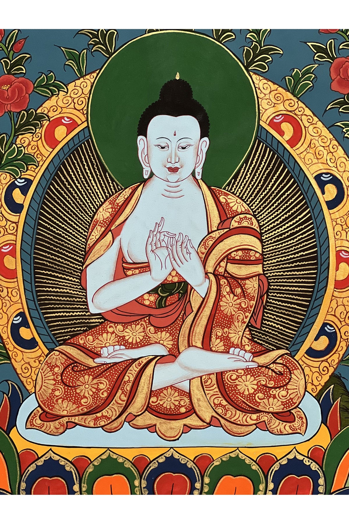 Hand-Painted Vairocana Buddha Thangka | Tibetan Buddhist Art with Silk Brocade