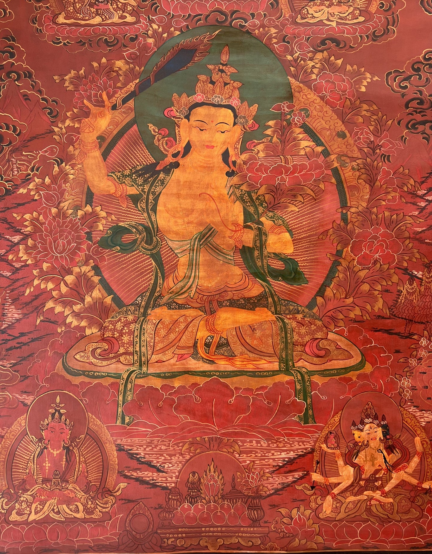 Hand-painted Large Manjushri Thangka Painting, Oil Varnished Tibetan God of Wisdom Art