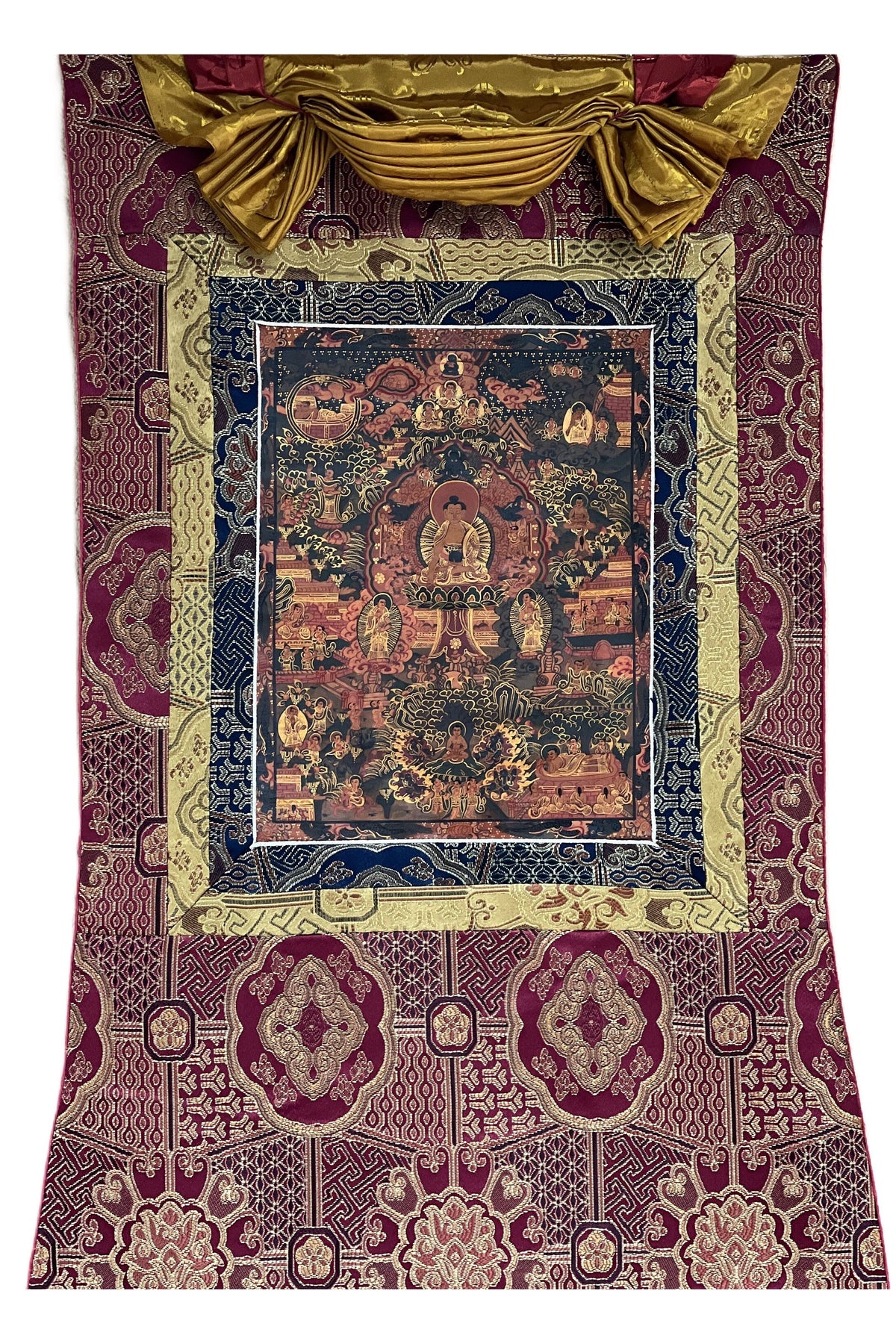 Hand Painted Buddha Life Mandala Oil Varnished Thangka, Silk Brocade