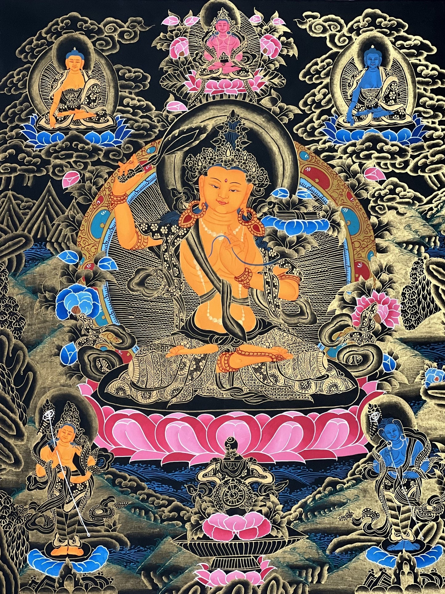 Hand-painted Manjushri Bodhisattva Thangka, Silk Brocade, Tibetan Art