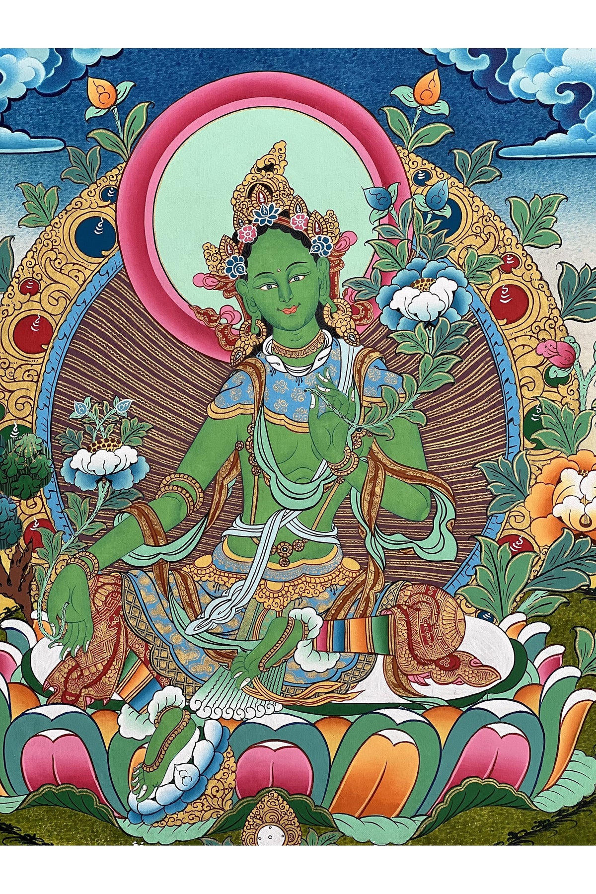 Hand-Painted Green Tara Thangka Painting – Tibetan Buddhist Goddess Art