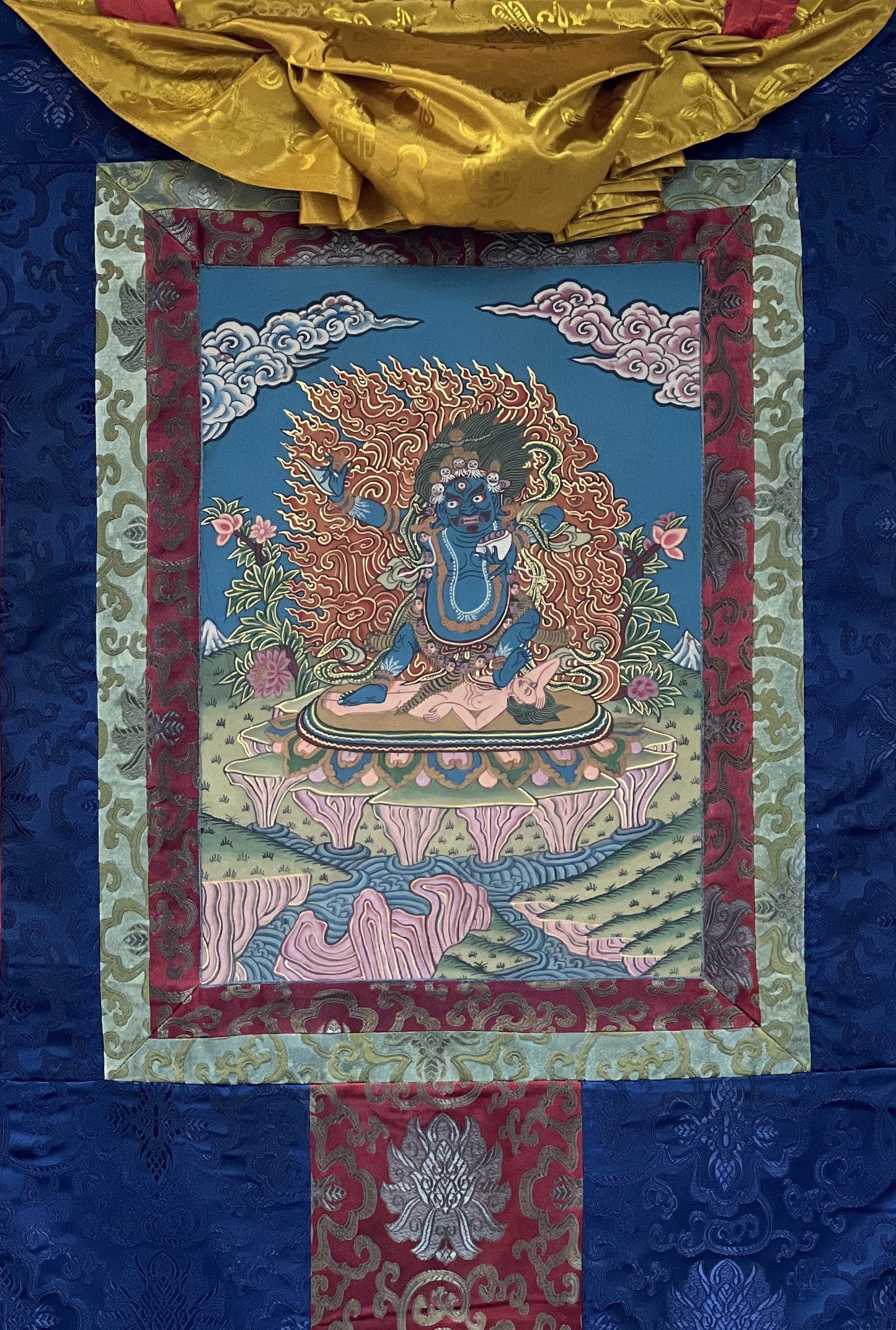 Original Hand-Painted Semi-Antique Vajrapani Thangka | Tibetan Dharmapala | Silk Brocade Frame | Rare Buddhist Art