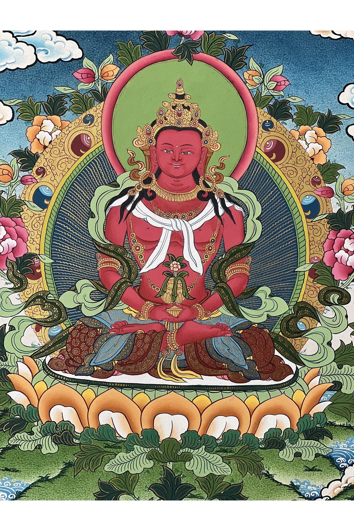Amitayus Tibetan Thangka • Long Life Buddha • Hand-Painted Masterpiece • Sacred Buddhist Art
