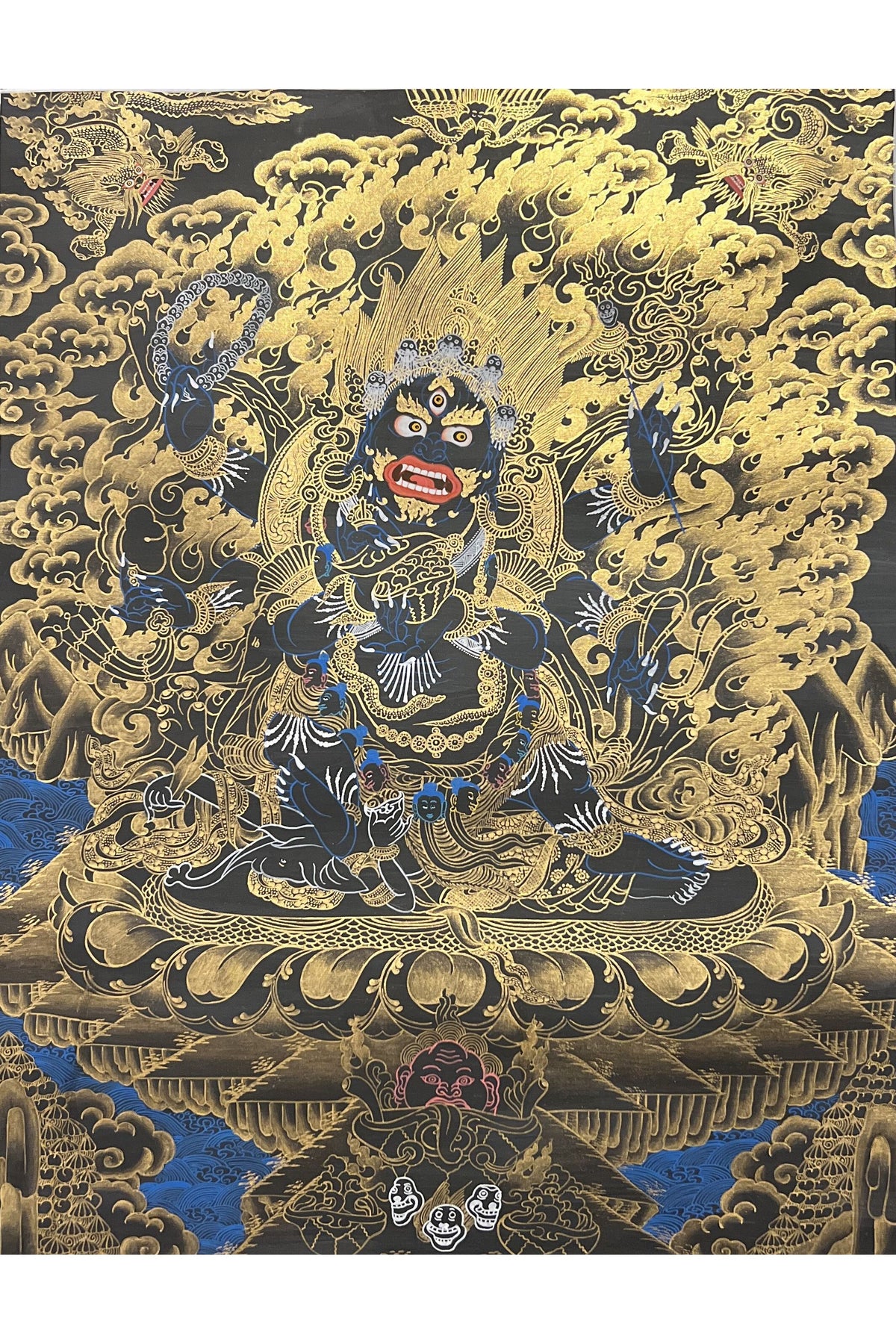 Mahakala Tibetan Thangka Painting, Black and Gold Buddhist Art