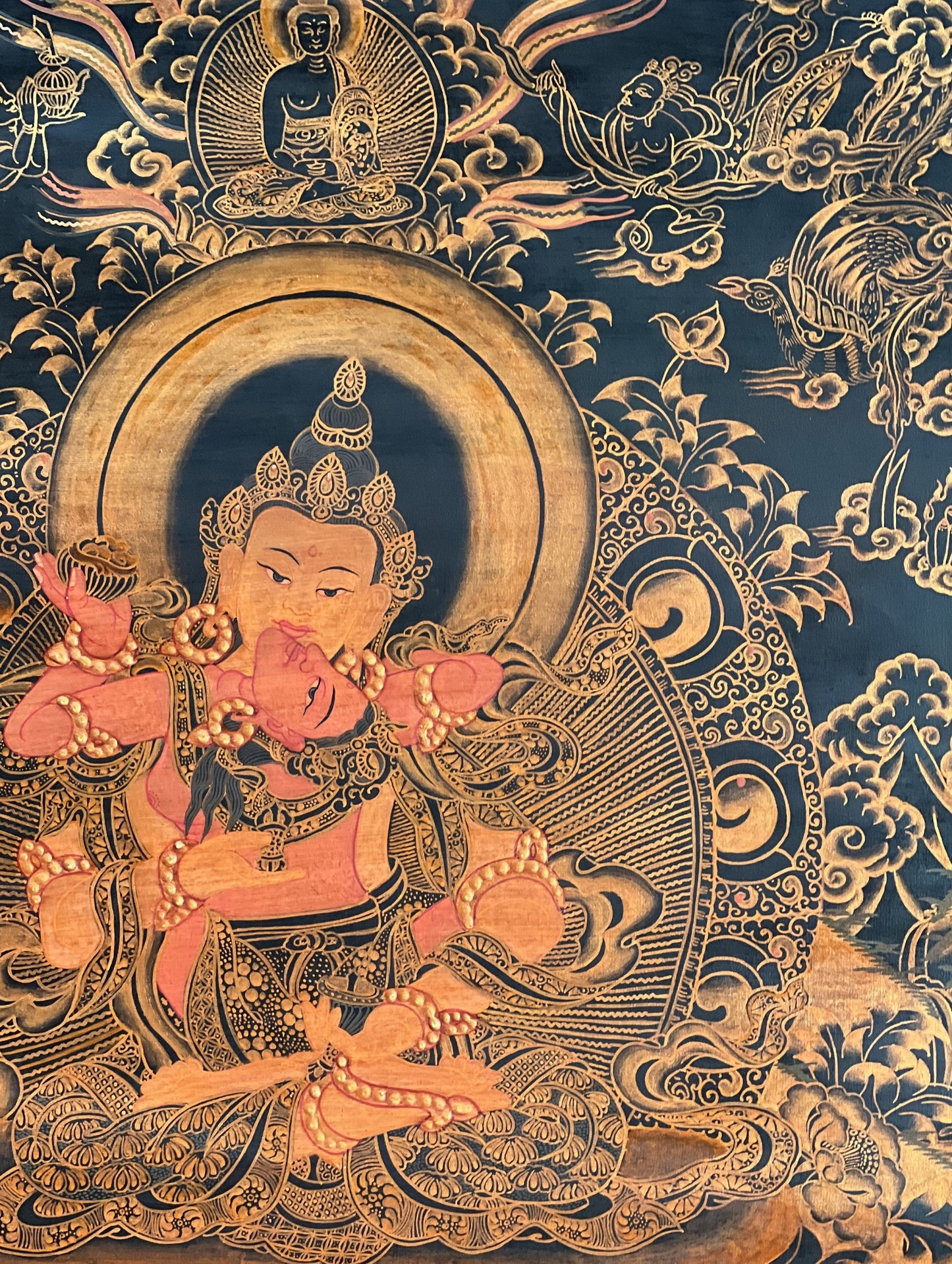 Hand-Painted Vajrasattva Shakti Thangka | Cotton Brocade, Tibetan Art