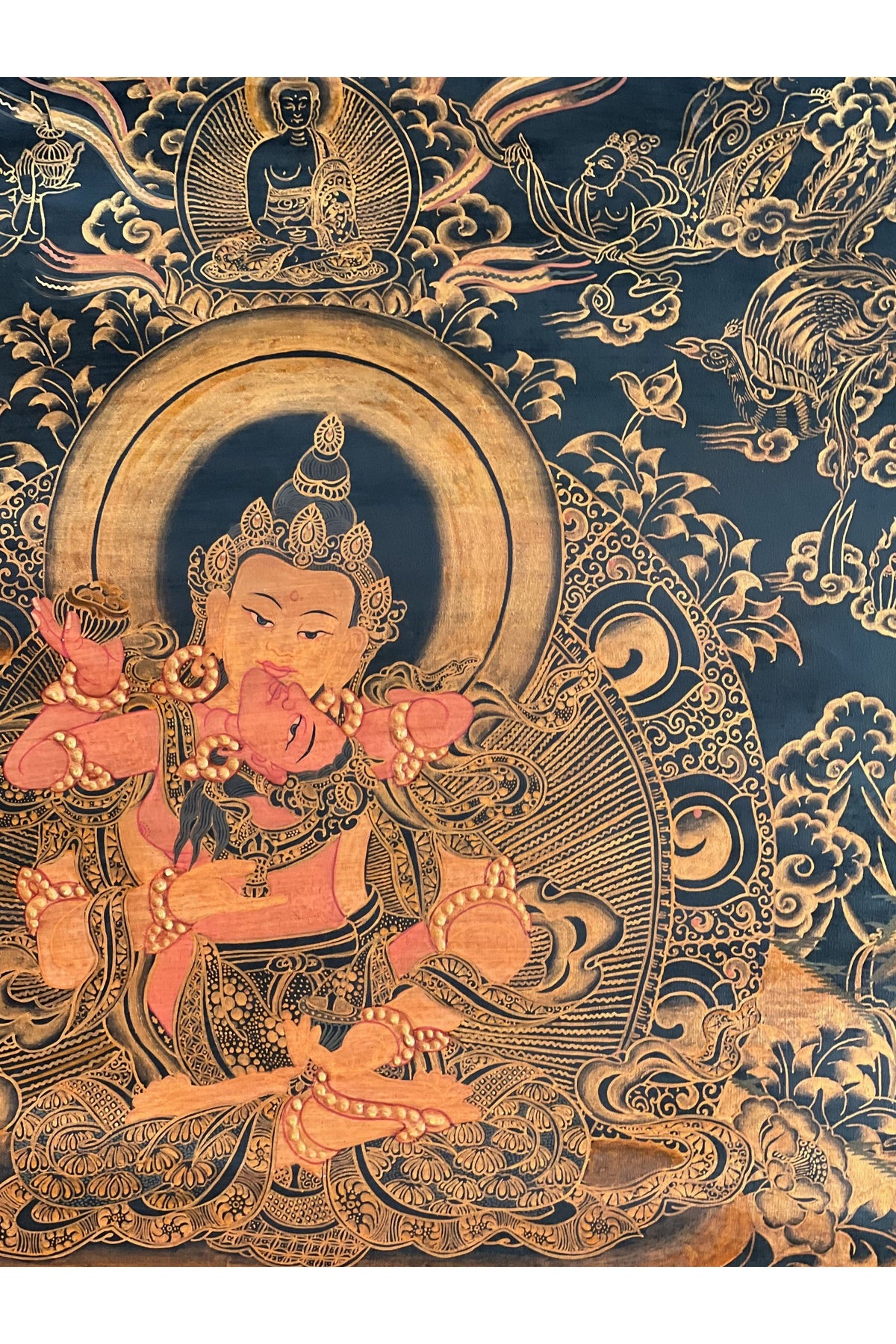 Hand-Painted Vajrasattva Shakti Thangka | Cotton Brocade, Tibetan Art