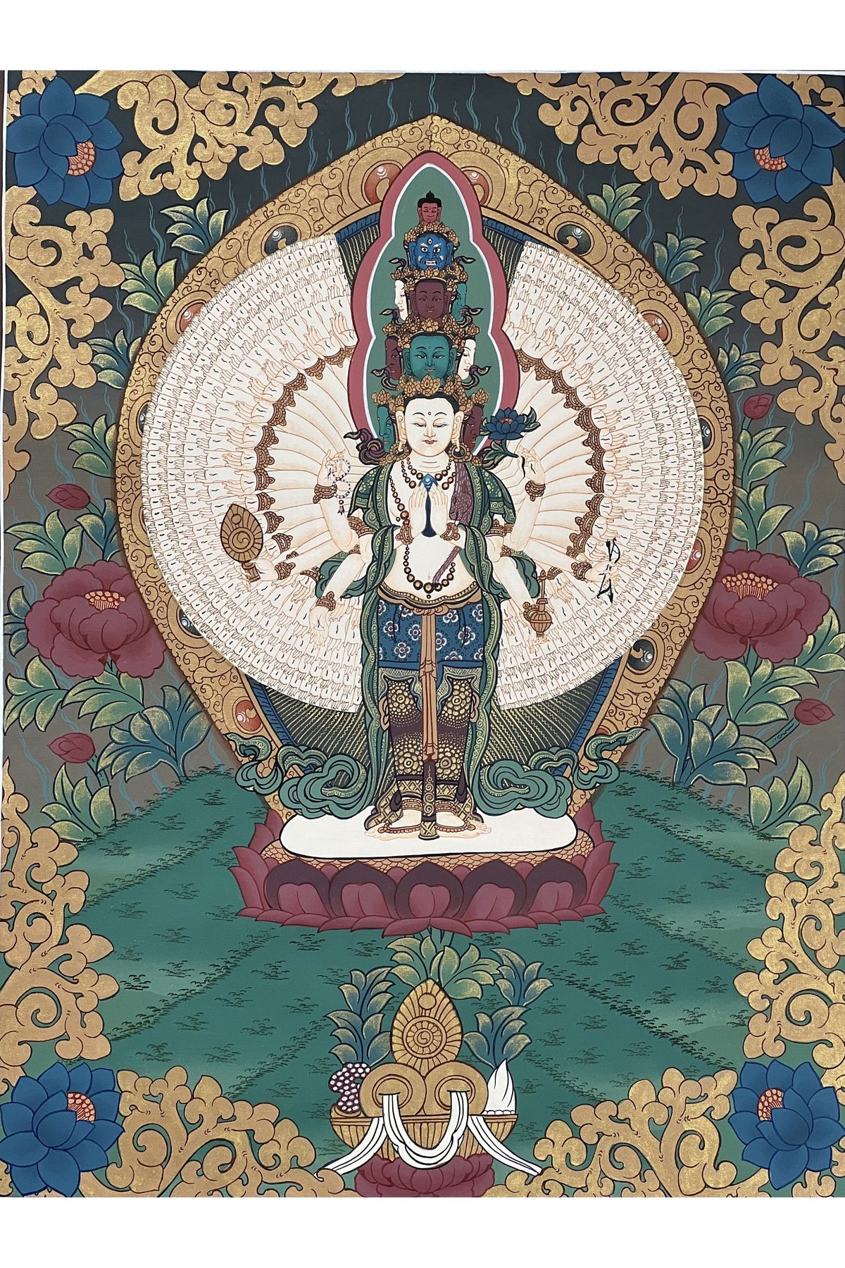 Hand-Painted 1000-Armed Chenrezig Thangka with Silk Brocade - Tibetan Avalokiteshvara Compassion Deity Art