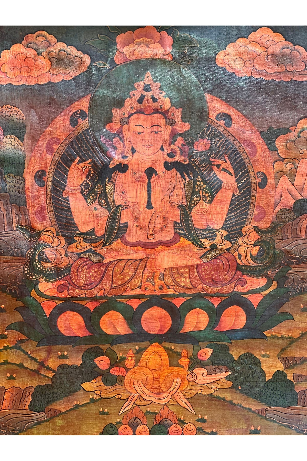 Hand Painted Avalokiteshvara Thangka Painting with Cotton Brocade