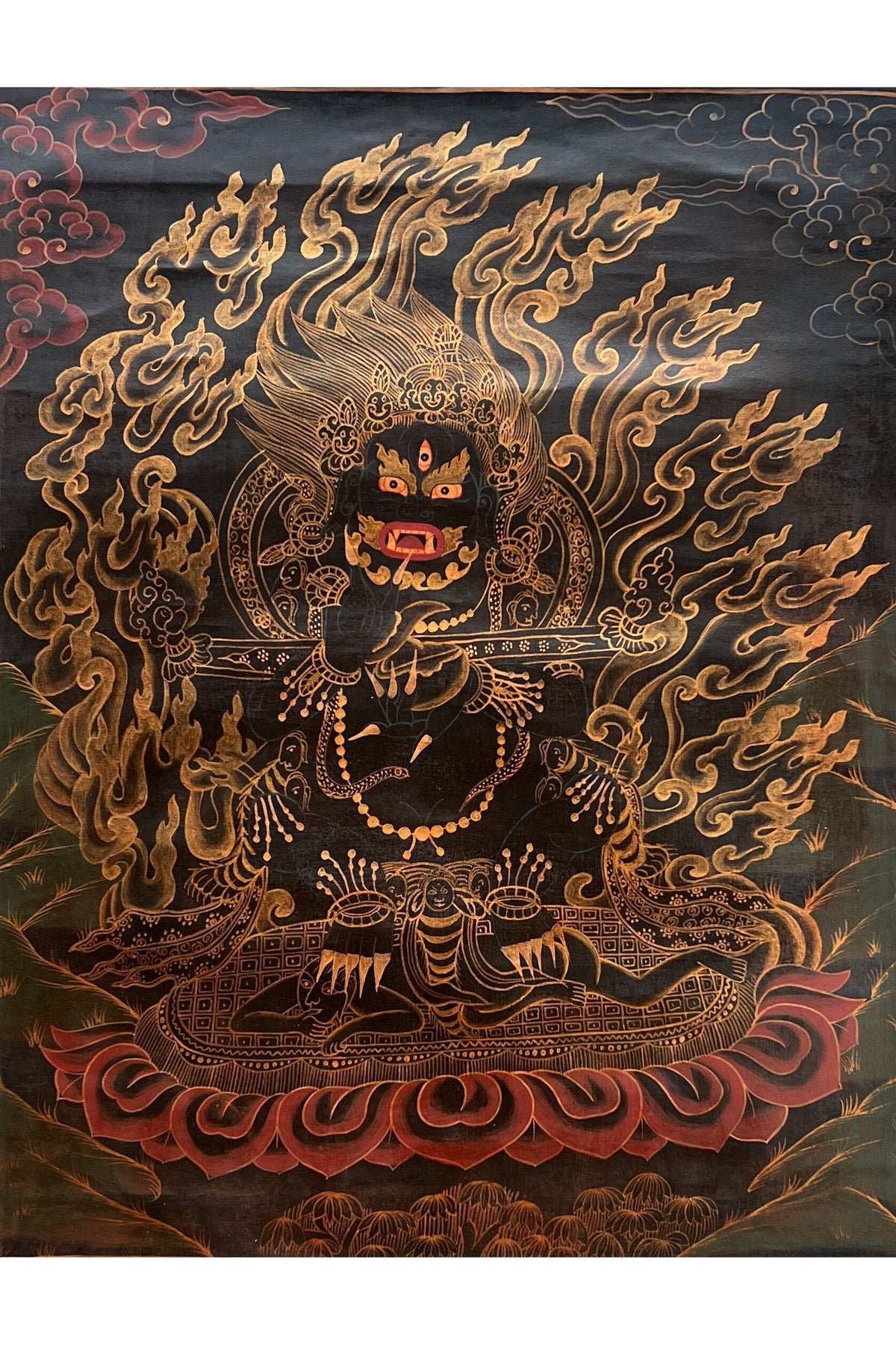 Old Black Mahakala Thangka Hand Painted Tibetan Buddhist Art Framed with Silk Brocade