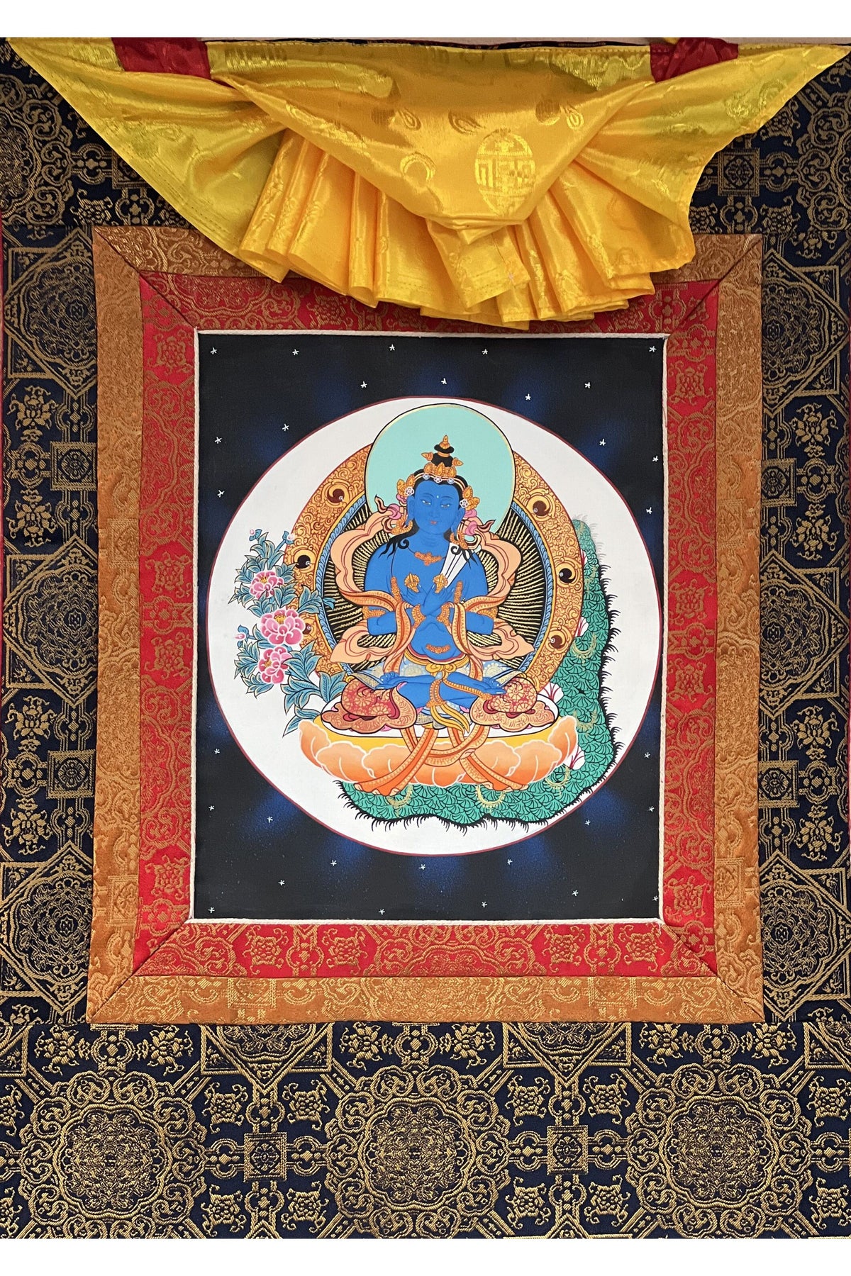 Hand-painted Vajradhara Buddha Thangka with Silk Brocade