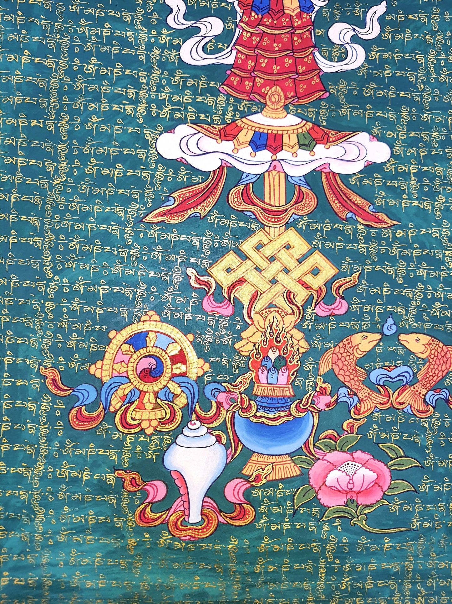 Original Hand Painted Eight Auspicious Symbols, or Ashtamangala Tibetan Meditation Thangka / Thanka Painting
