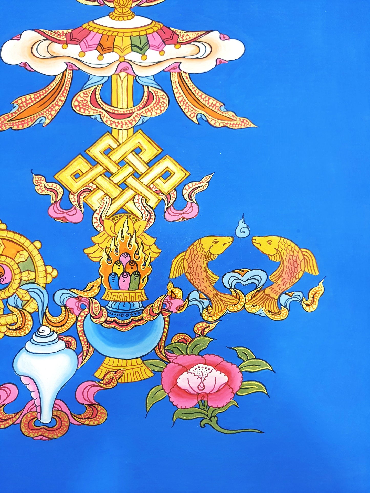Hand-Painted Ashtamangala Thangka, Eight Auspicious Symbols Painting (15x20)
