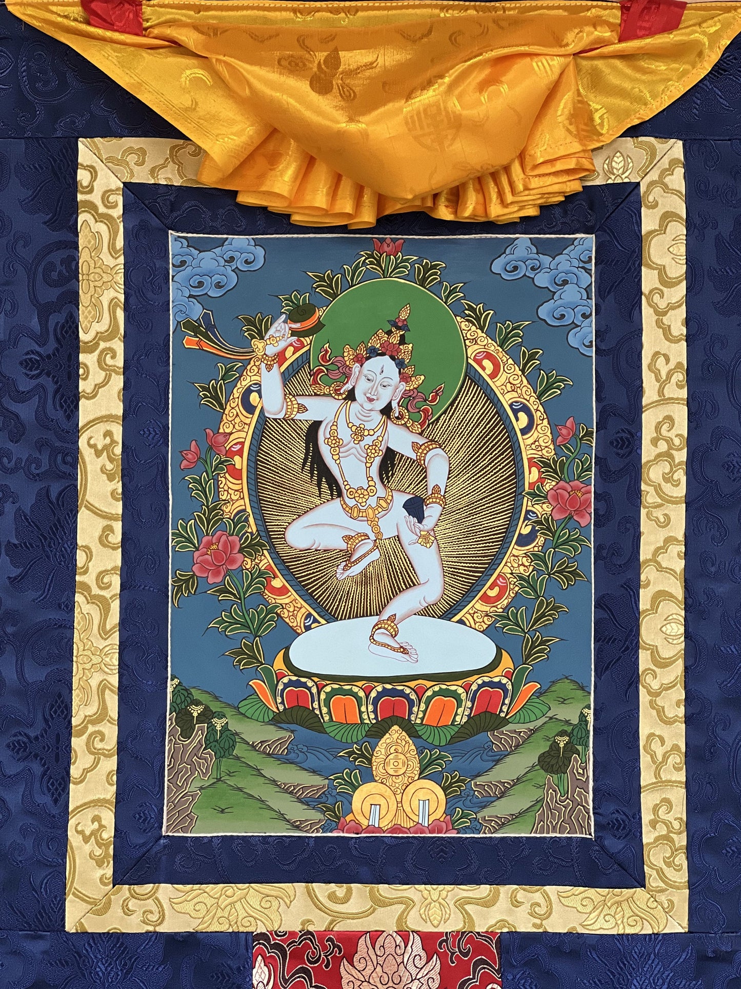 Hand-Painted Machig Labdron Thangka Painting with Silk Brocade