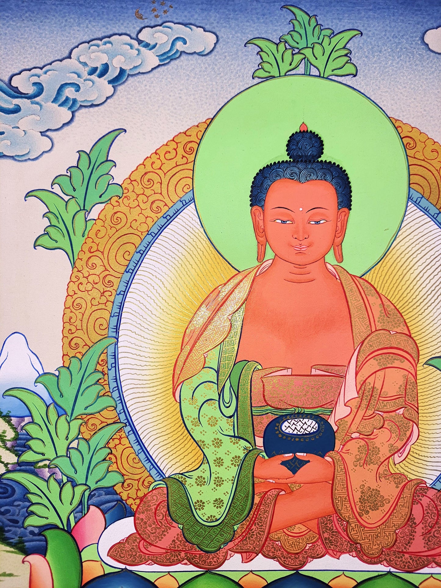 24k Gold Amitabha Buddha Thangka Painting, Tibetan Wall Hanging