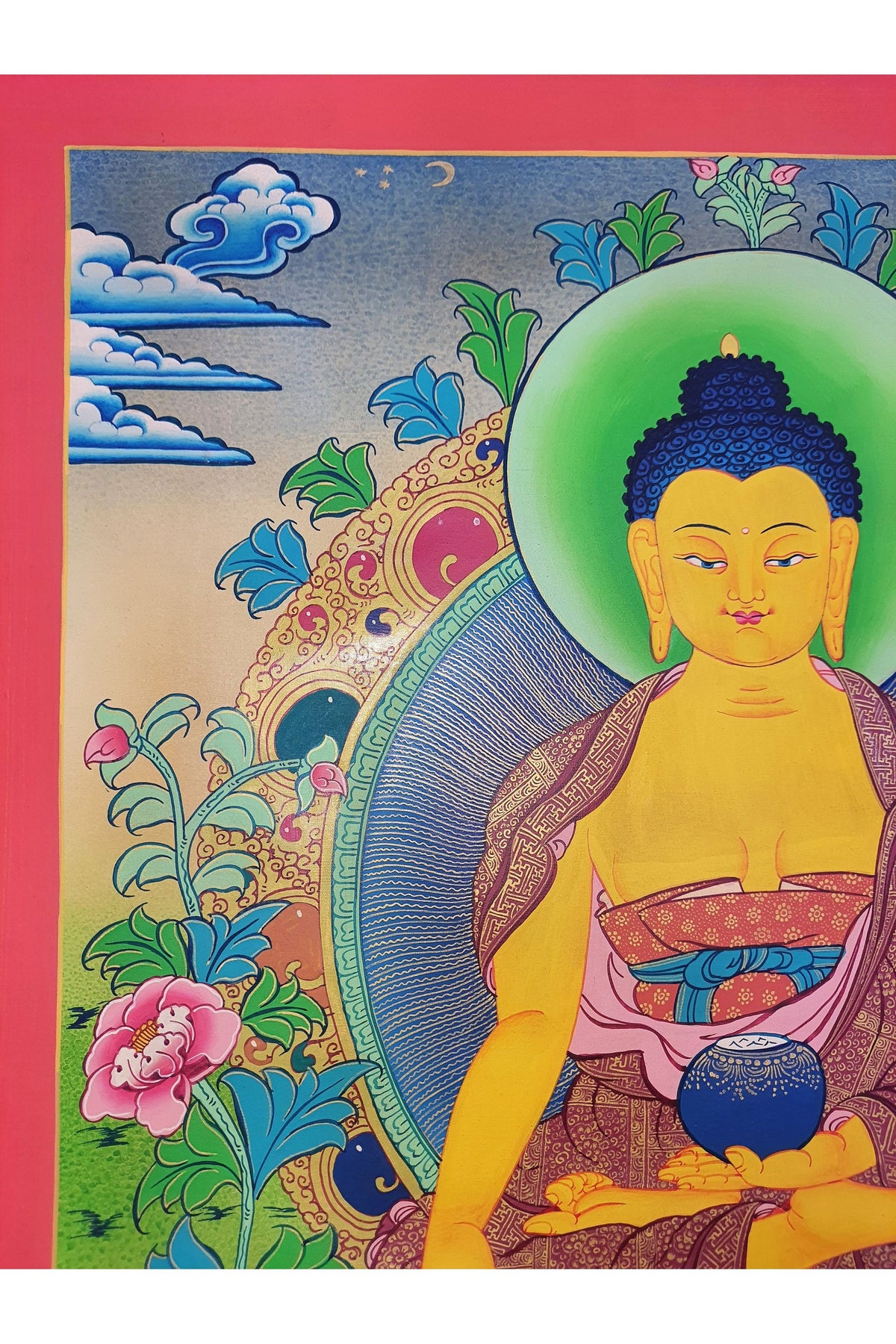 Hand Painted 24K Gold Shakyamuni Buddha Thangka, Smoky Tibetan Art
