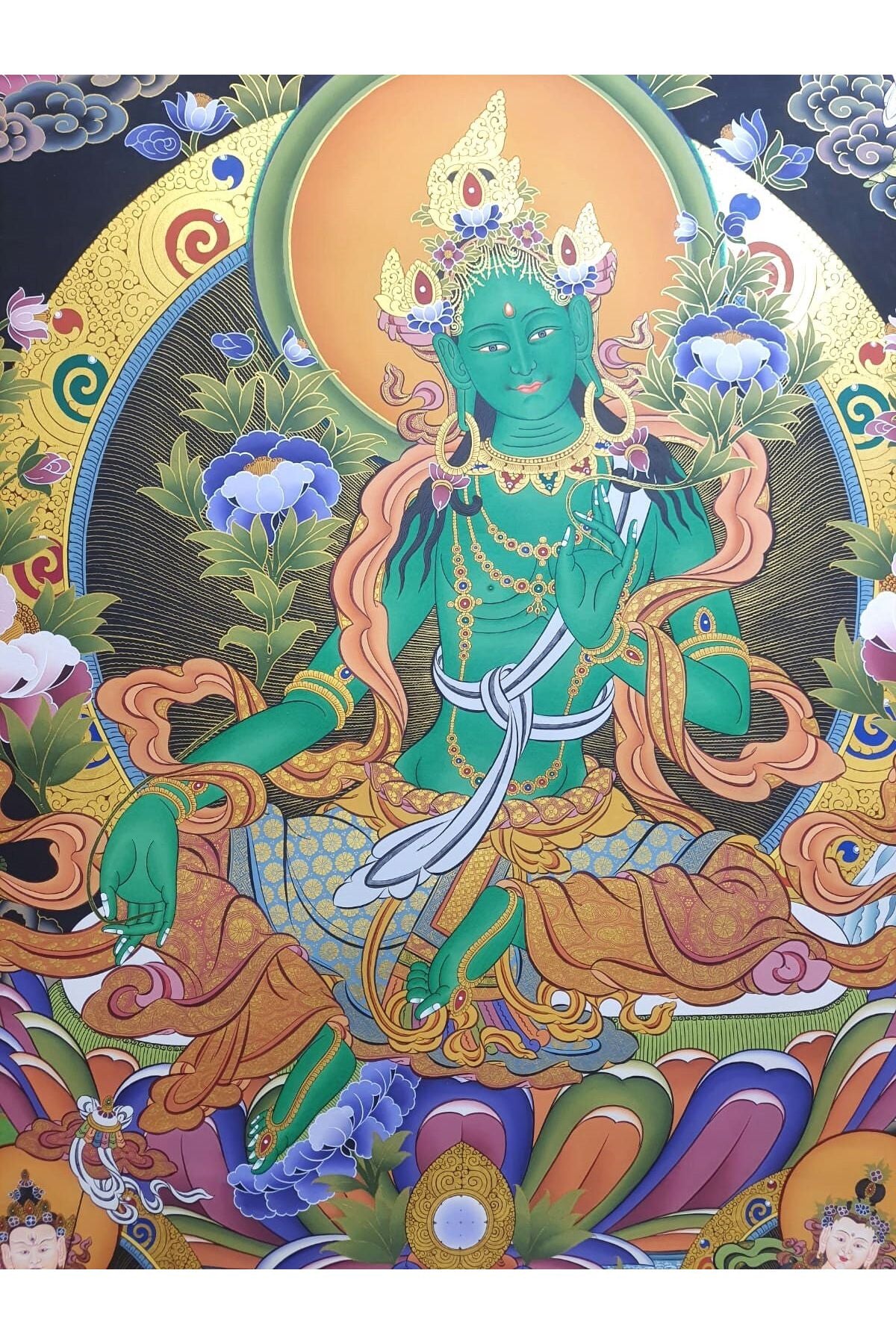 Hand-Painted Green Tara Thangka Painting, 24K Gold, Tibetan Art