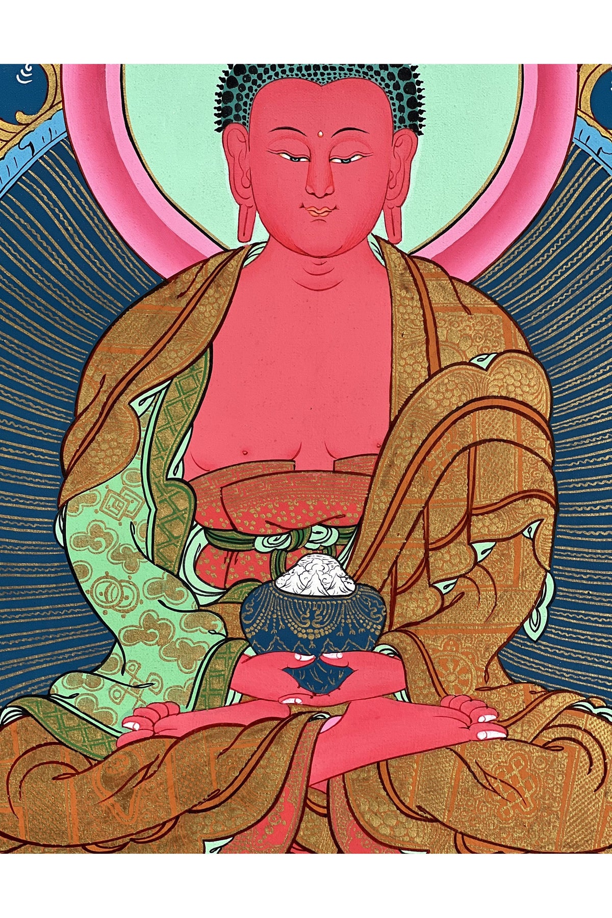 Hand-Painted Amitabha Buddha Thangka, Tibetan Art with Silk Brocade
