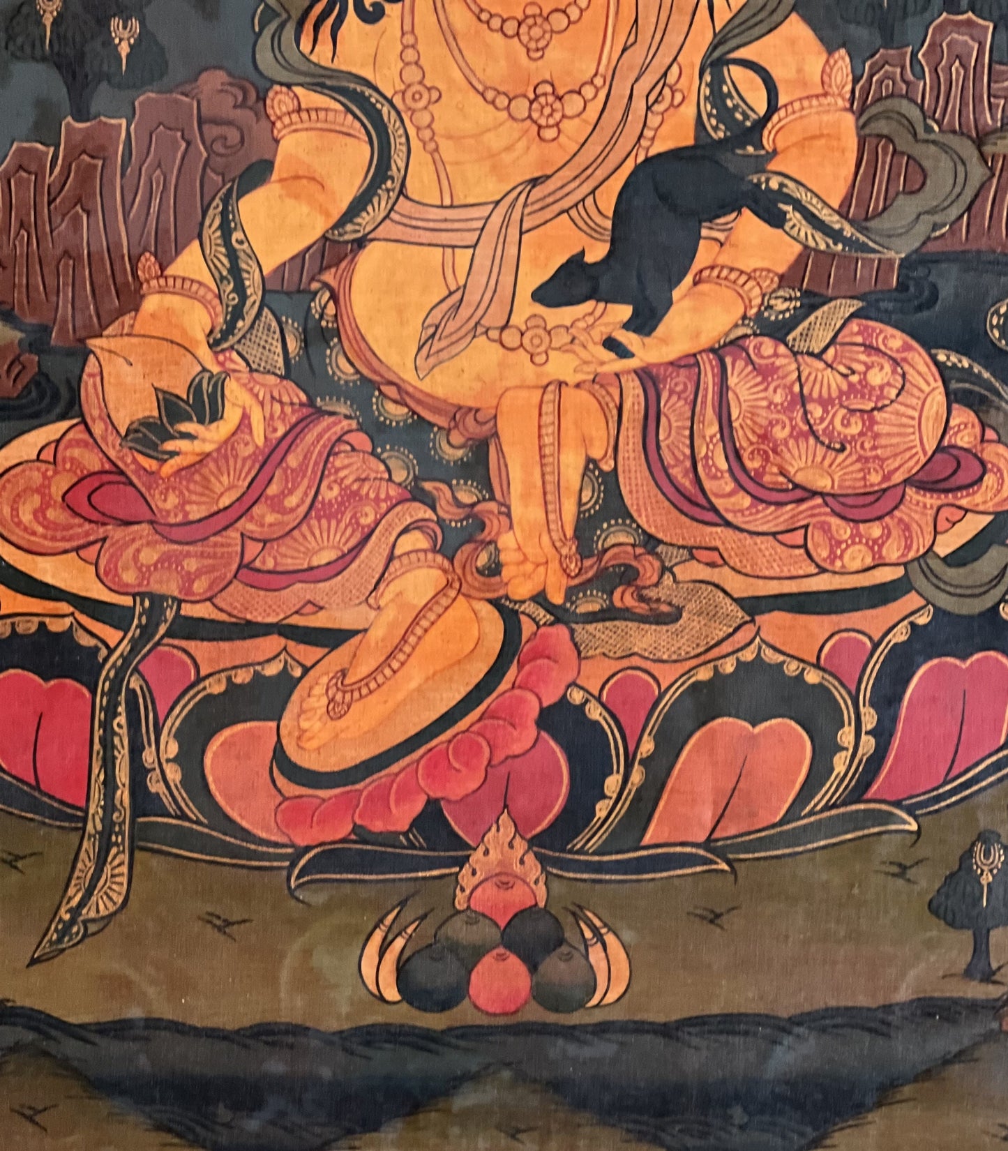 Hand Painted Kubera Thangka – God of Wealth, Tibetan Art with Silk Brocade