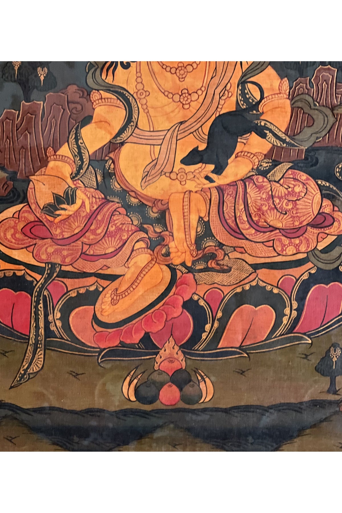 Hand Painted Kubera Thangka – God of Wealth, Tibetan Art with Silk Brocade