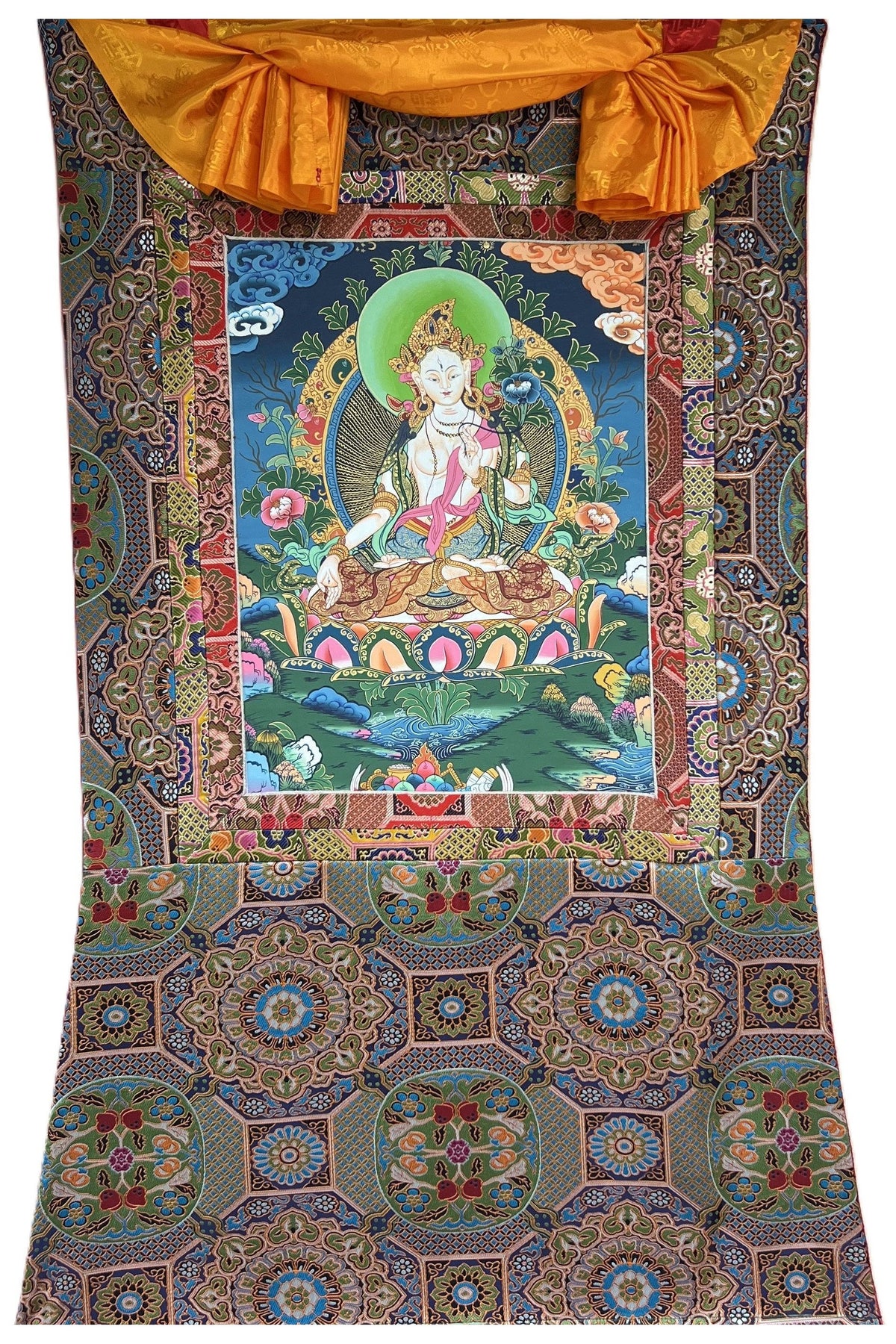 Hand-Painted White Tara Thangka: Tibetan Mother Goddess Art with Silk Brocade