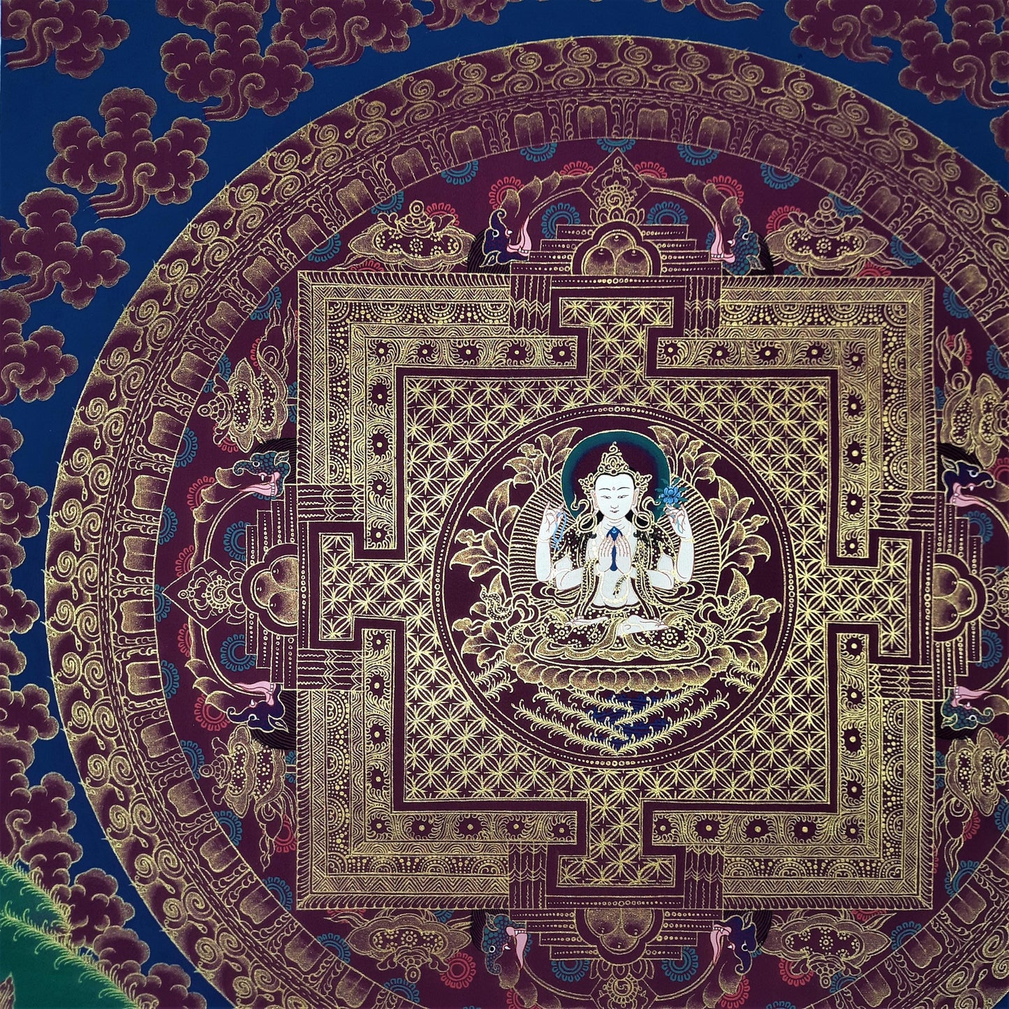 Hand-Painted Chenrezig Mandala, Black and Gold Tibetan Thangka
