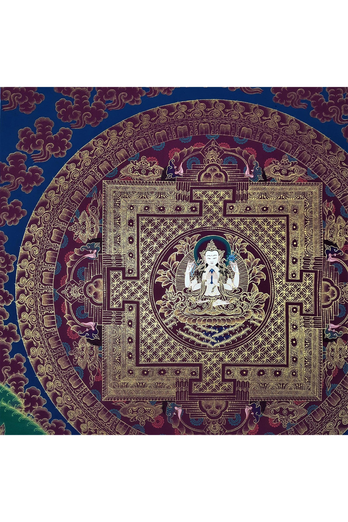 Hand-Painted Chenrezig Mandala, Black and Gold Tibetan Thangka