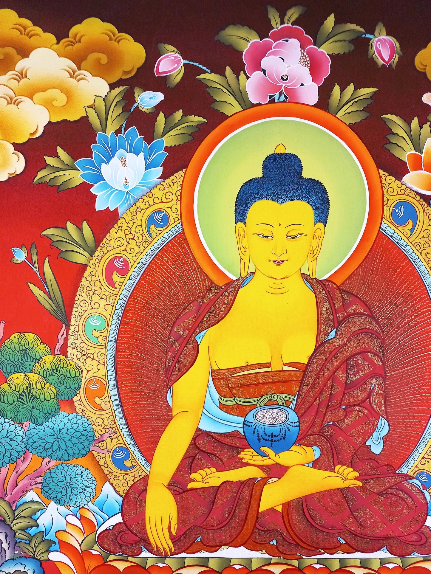 Hand-Painted Shakyamuni Buddha Thangka Painting, 24K Gold Tibetan Art